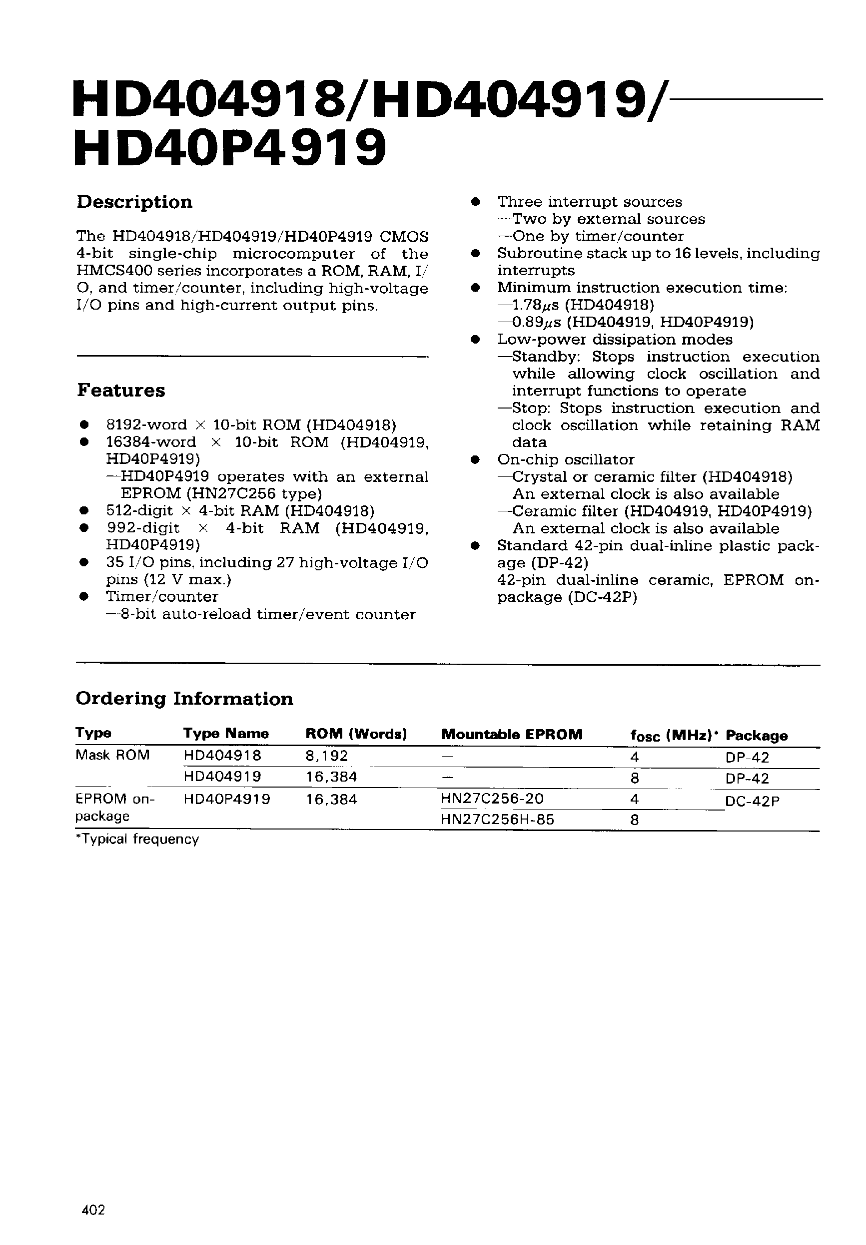 Datasheet HD404918 - (HD404918 / HD404919) CMOS 4-bit single-chip microcomputer of the HMCS400 series page 1