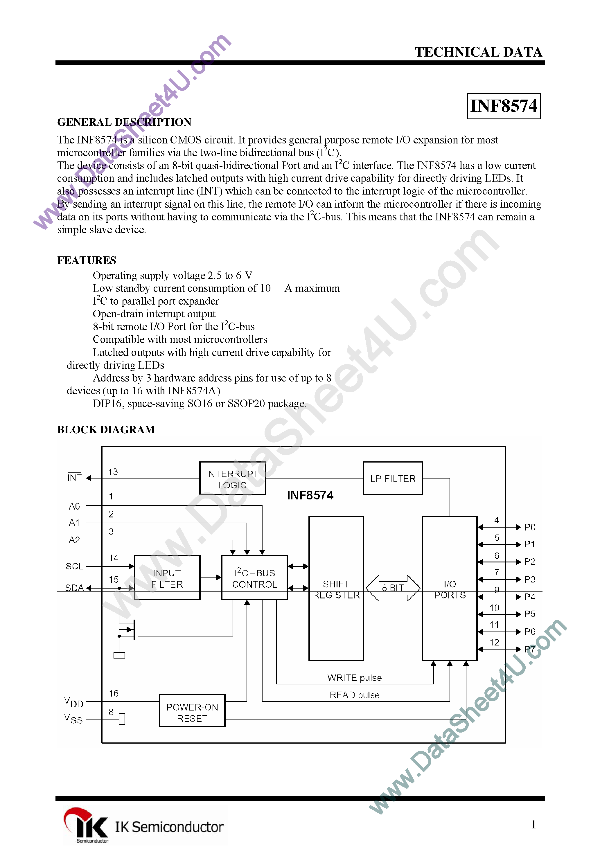 Даташит INF8574 - Remote 8-Bit. I/O Expander for I2C Bus страница 1