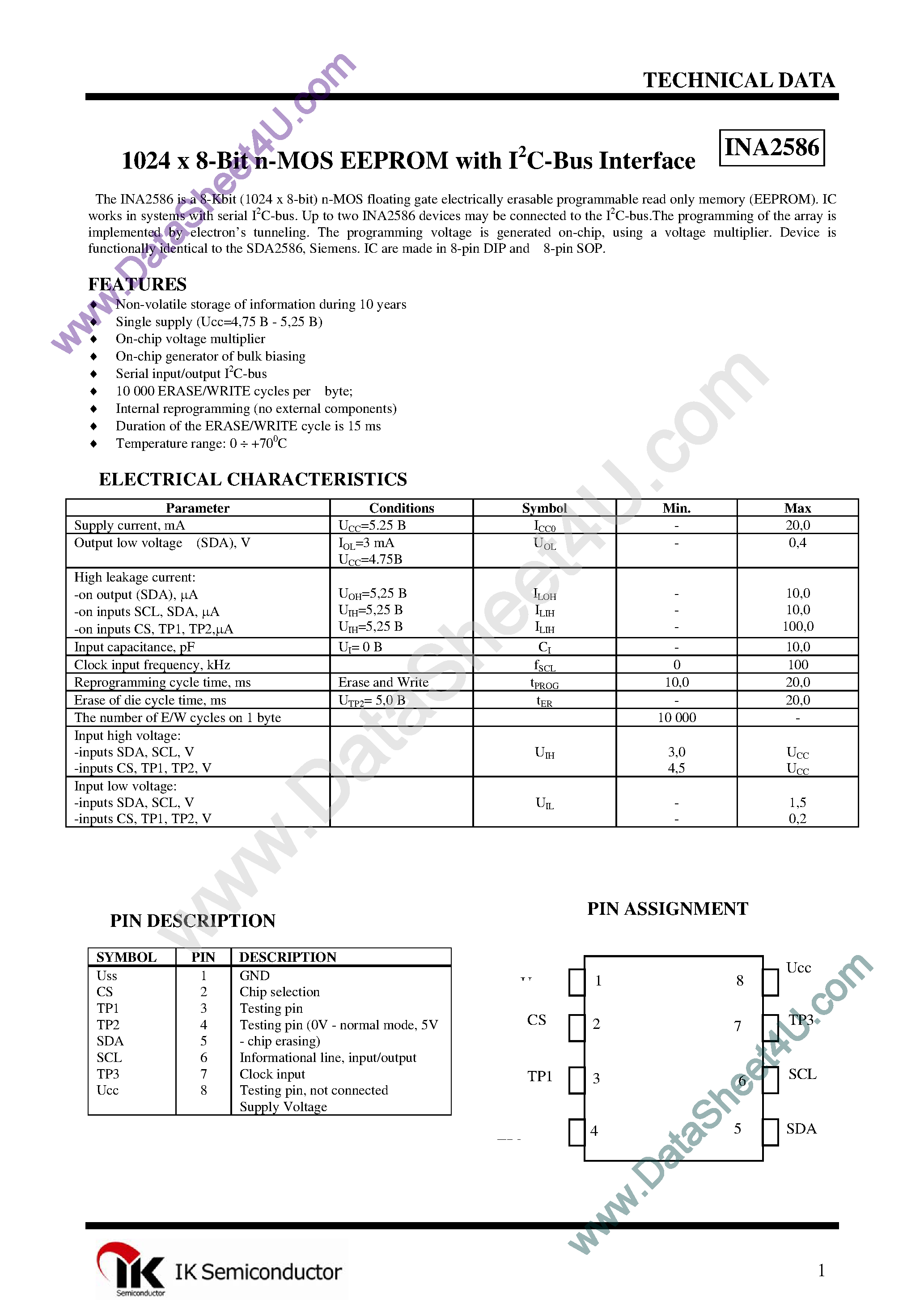 Даташит INA2586 - 1024 x 8 EEPROM страница 1