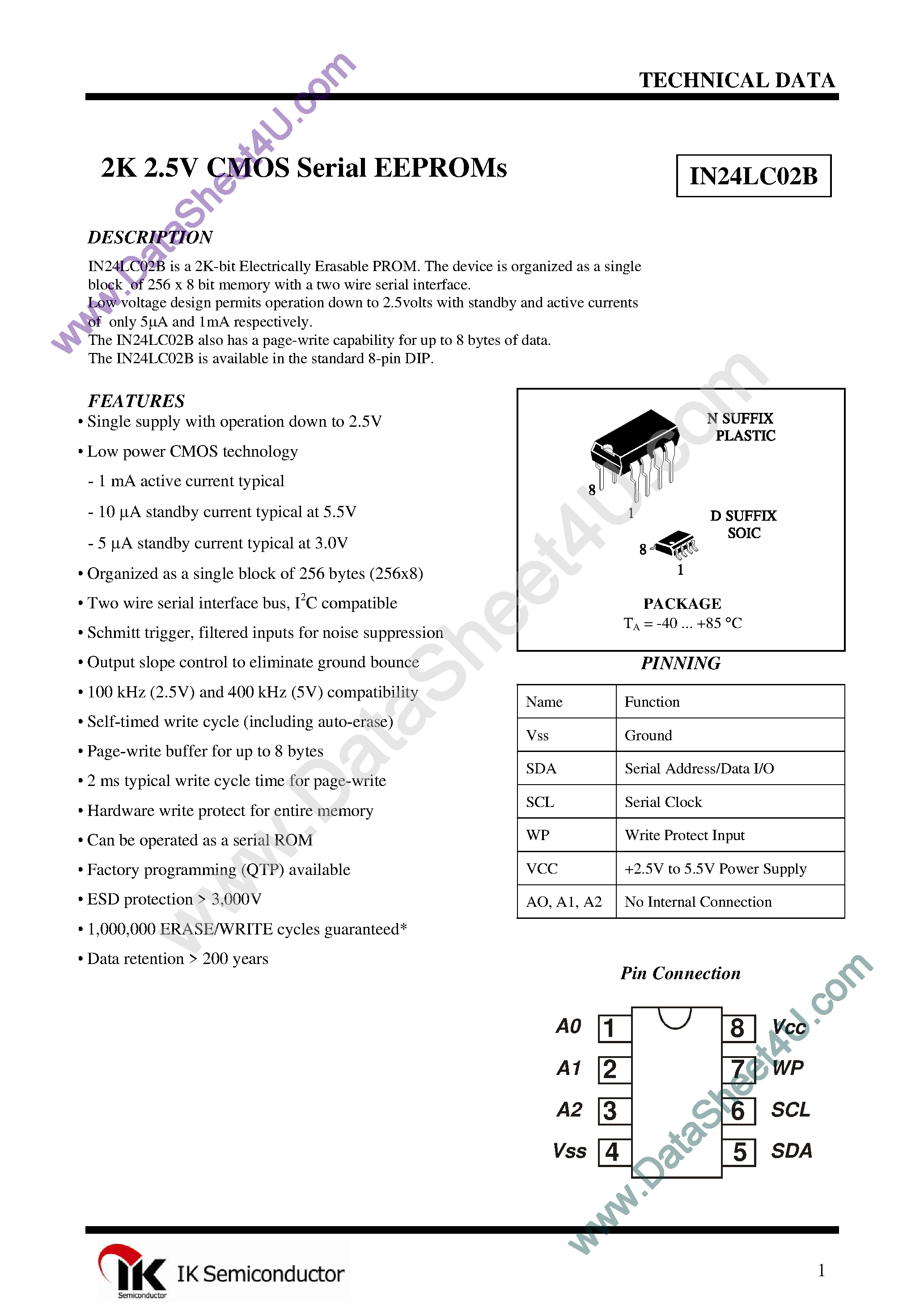 Datasheet IN24LC02B - 2K 2.5V CMOS Serial EEPROMs page 1