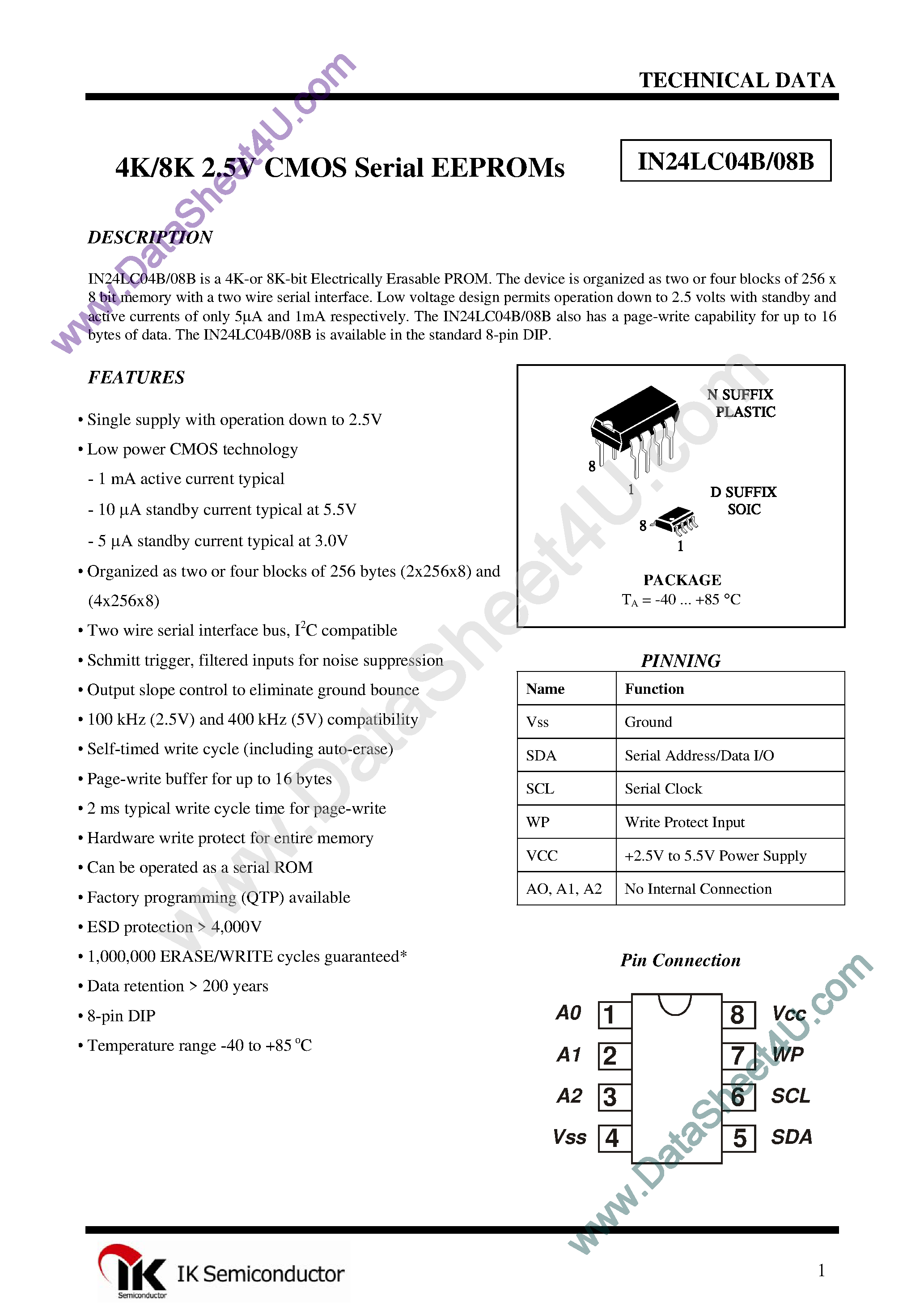 Datasheet IN24LC04B - (IN24LC04B / IN24LC08B) 4K/8K 2.5V CMOS Serial EEPROMs page 1