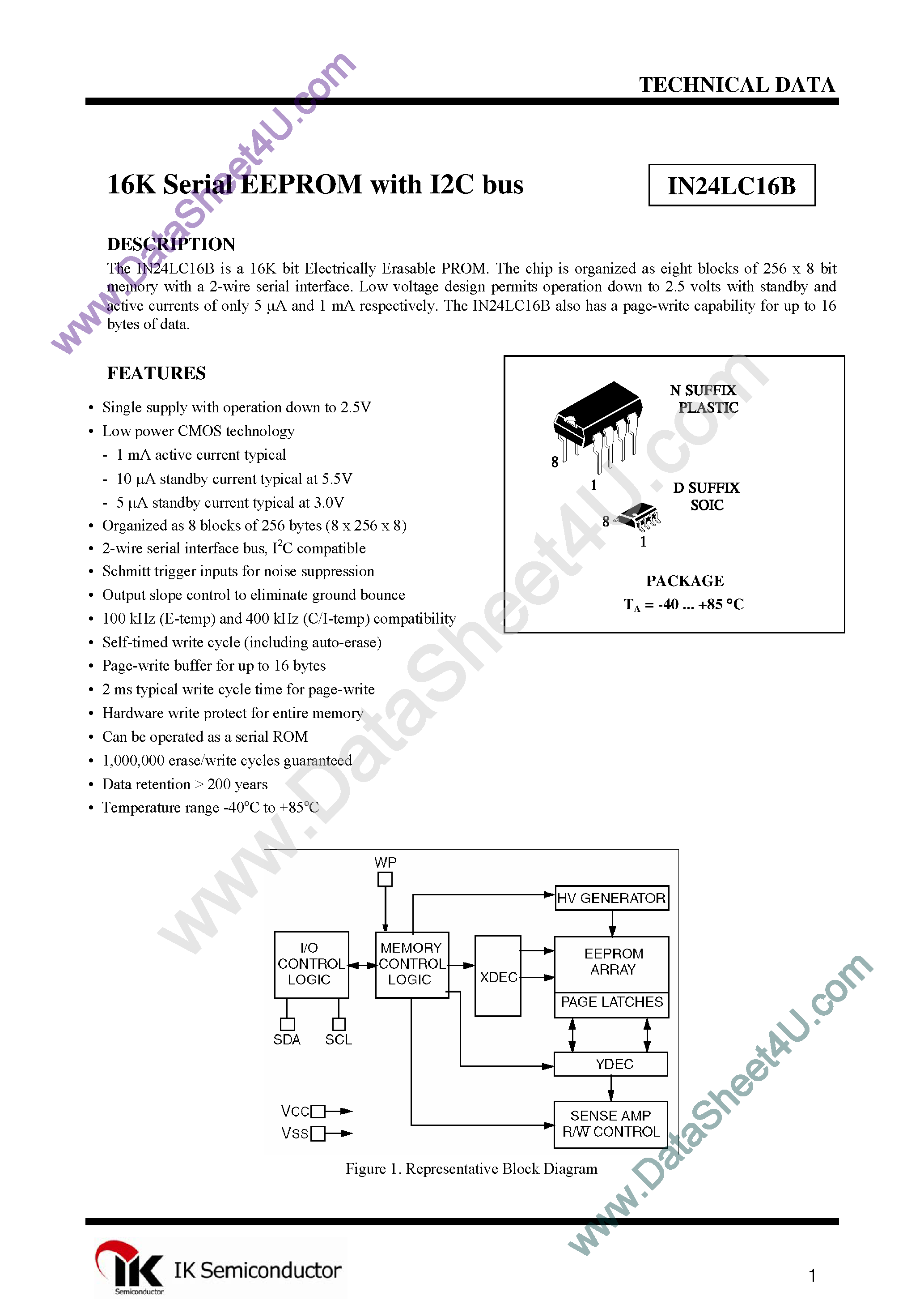 Datasheet IN24LC16B - 16K 2.5V CMOS Serial EEPROMs page 1