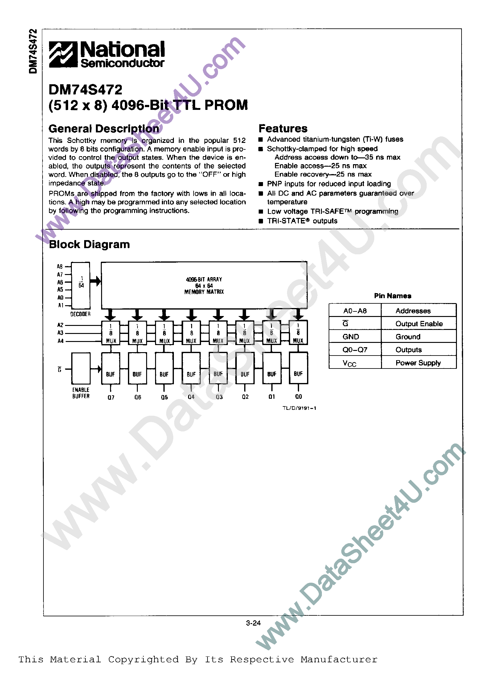 Даташит на микросхему DM74S472 страница 1 Даташит DM74S472 - 4096-Bit TTL PROM страница 1
