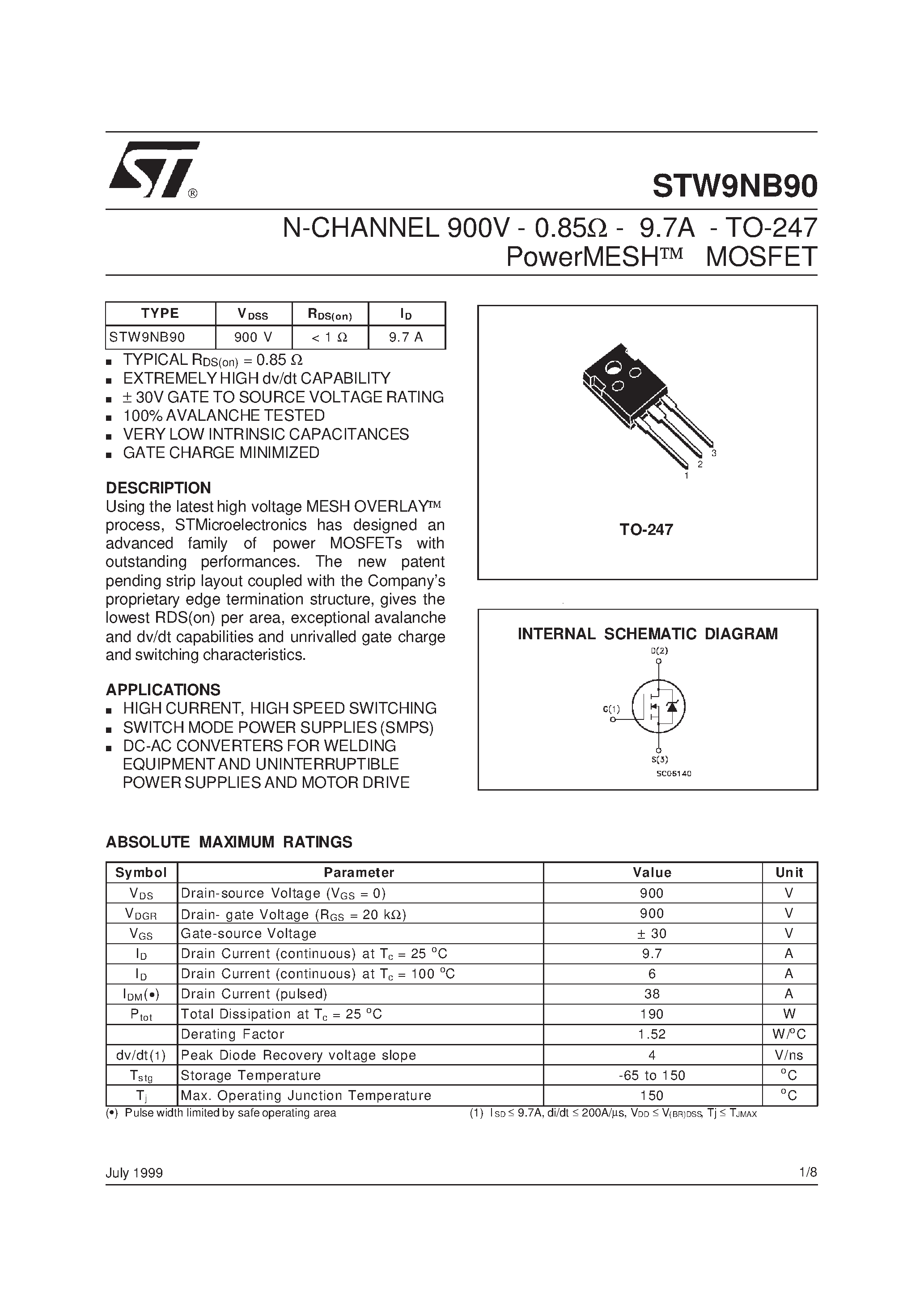Даташит STW9NB90 - N-CHANNEL 900V - 0.85ohm - 9.7A - TO-247 PowerMESH MOSFET страница 1
