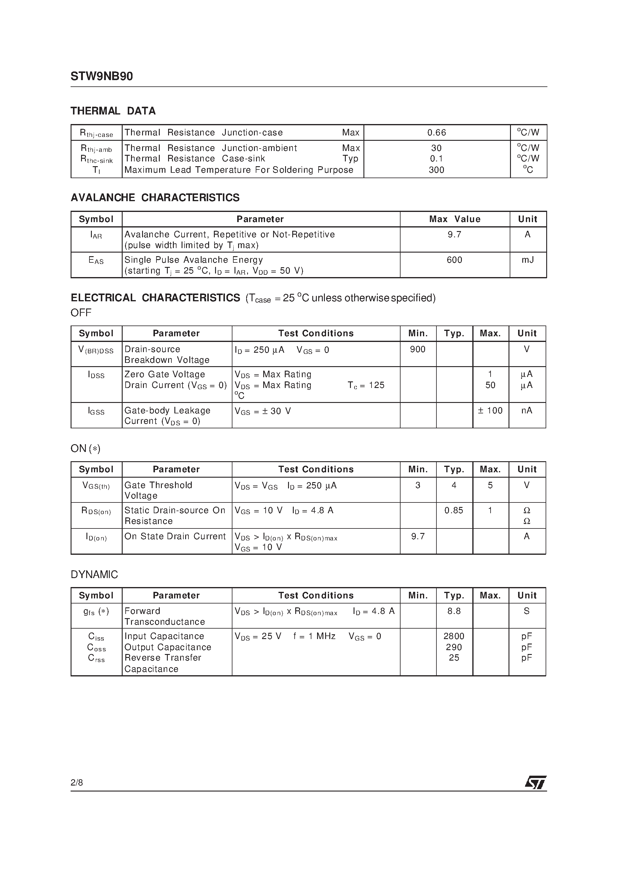 Datasheet STW9NB90 - N-CHANNEL 900V - 0.85ohm - 9.7A - TO-247 PowerMESH MOSFET page 2