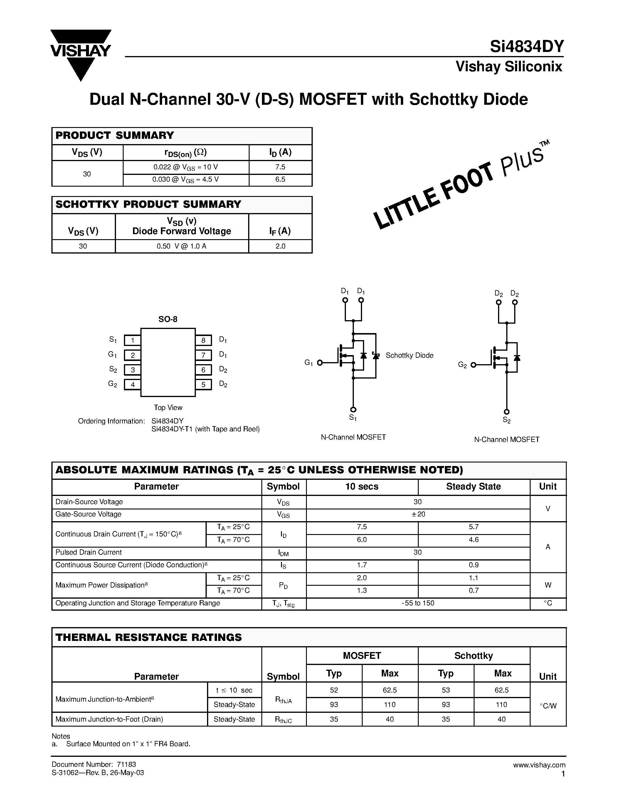 Даташит SI4834DY - Dual N-Channel 30-V (D-S) MOSFET with Schottky Diode страница 1
