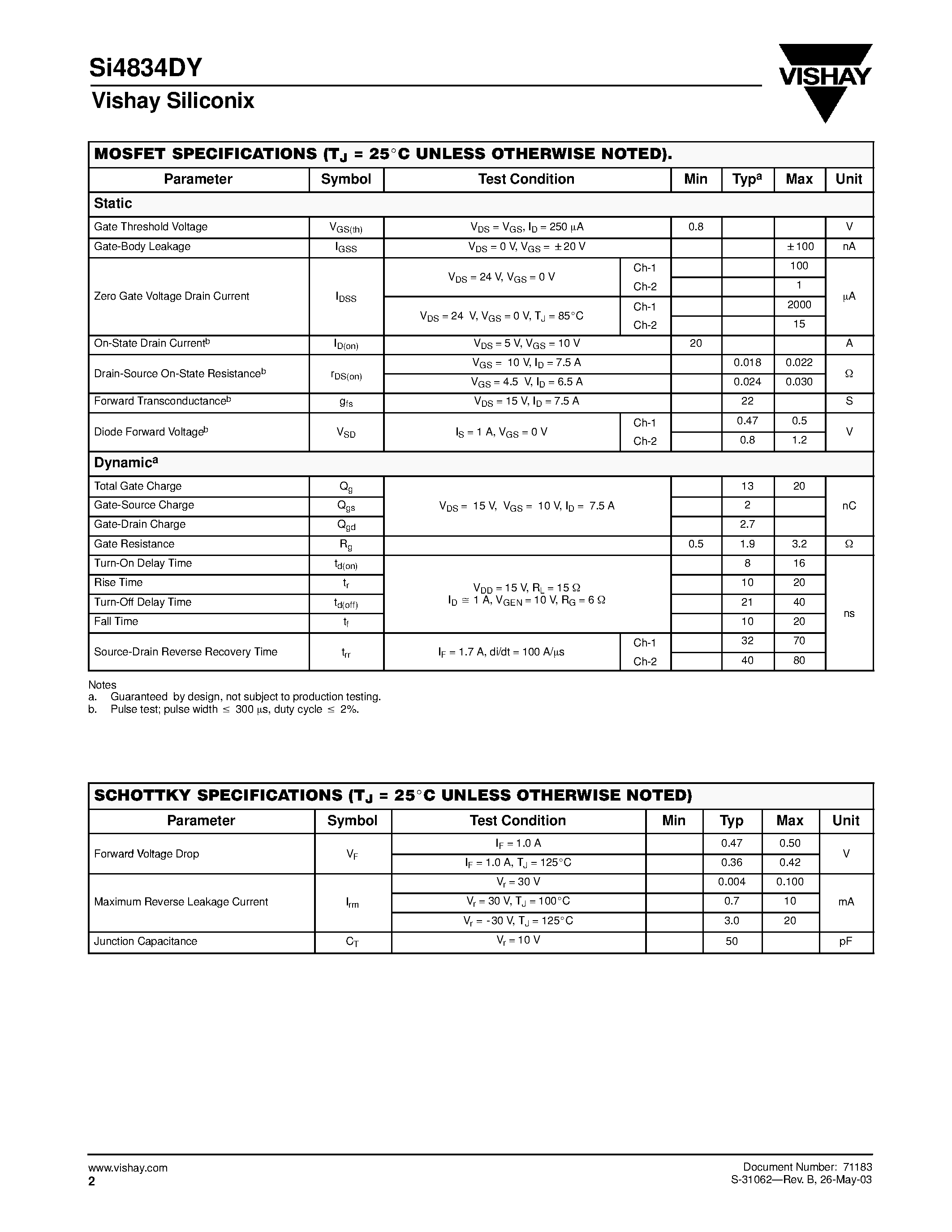 Даташит SI4834DY - Dual N-Channel 30-V (D-S) MOSFET with Schottky Diode страница 2