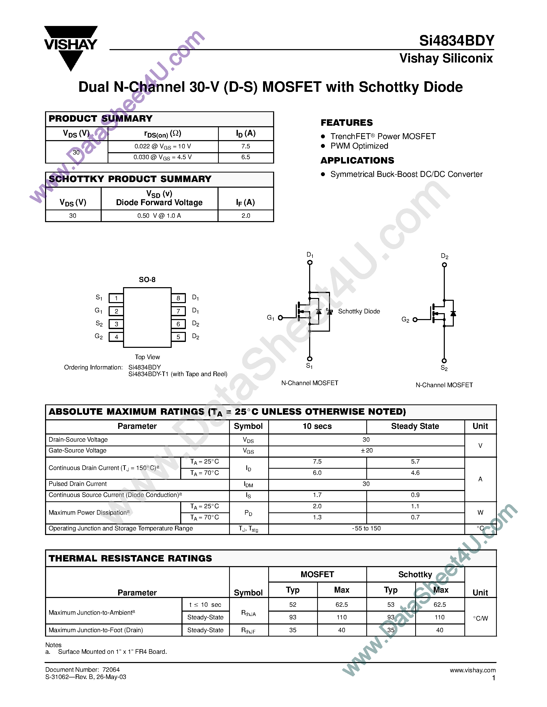 Даташит SI4834BDY - Dual N-Channel 30-V (D-S) MOSFET with Schottky Diode страница 1