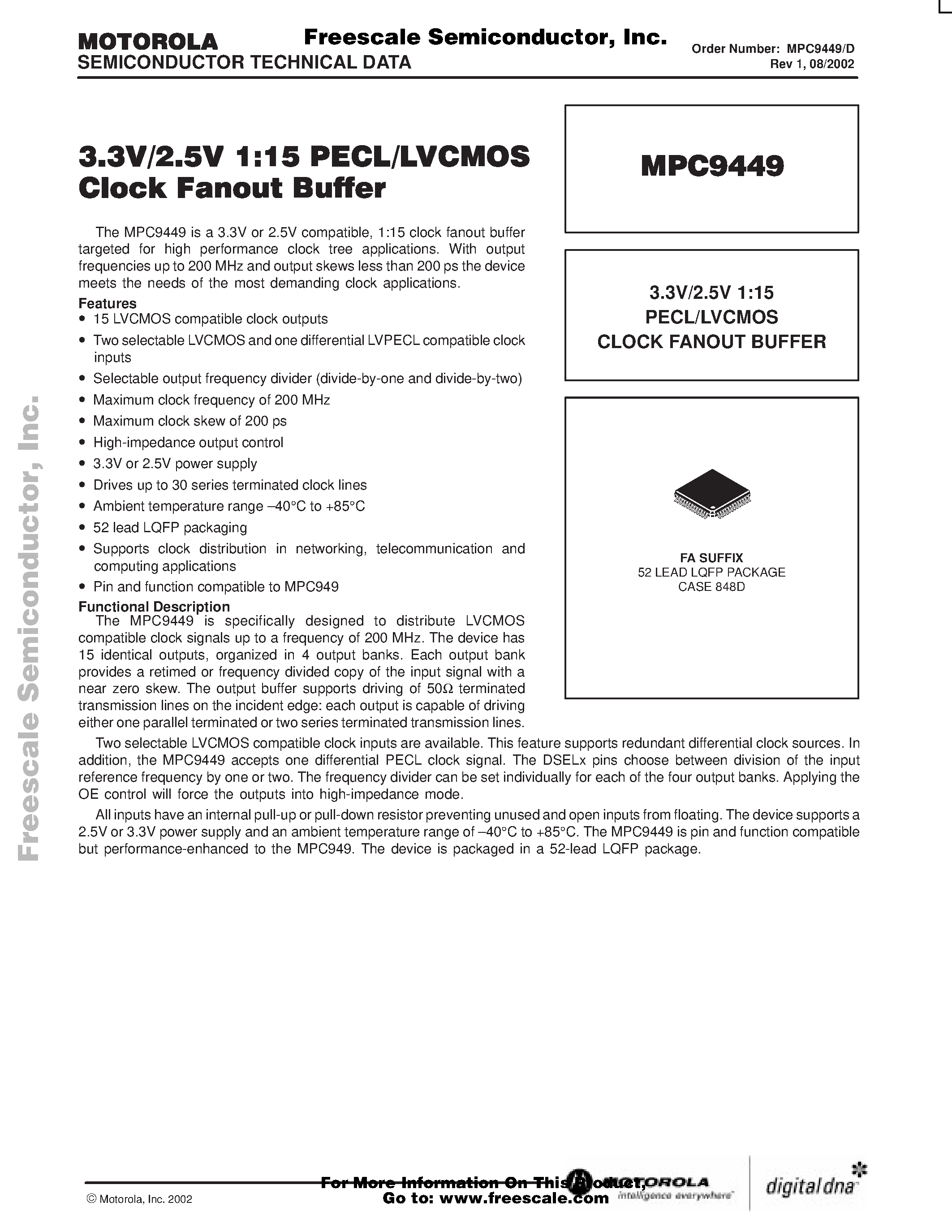 Datasheet MPC9449 - 3.3V / 2.5 V 1:15 PECL/LVCMOS page 1