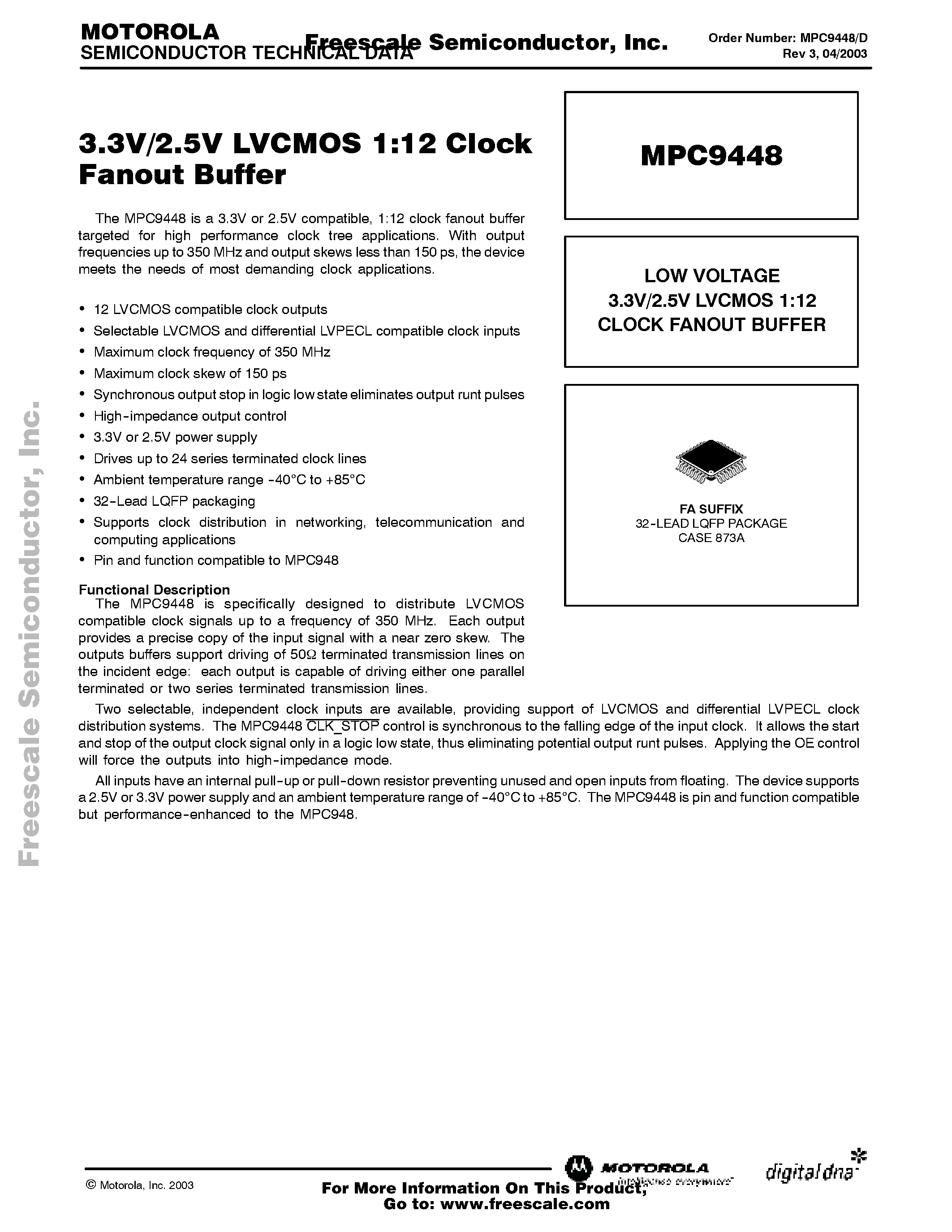 Datasheet MPC9448 page 1 Datasheet MPC9448 - 3.3V/2.5V LVCMOS 1:12 Clock Fanout Buffer page 1