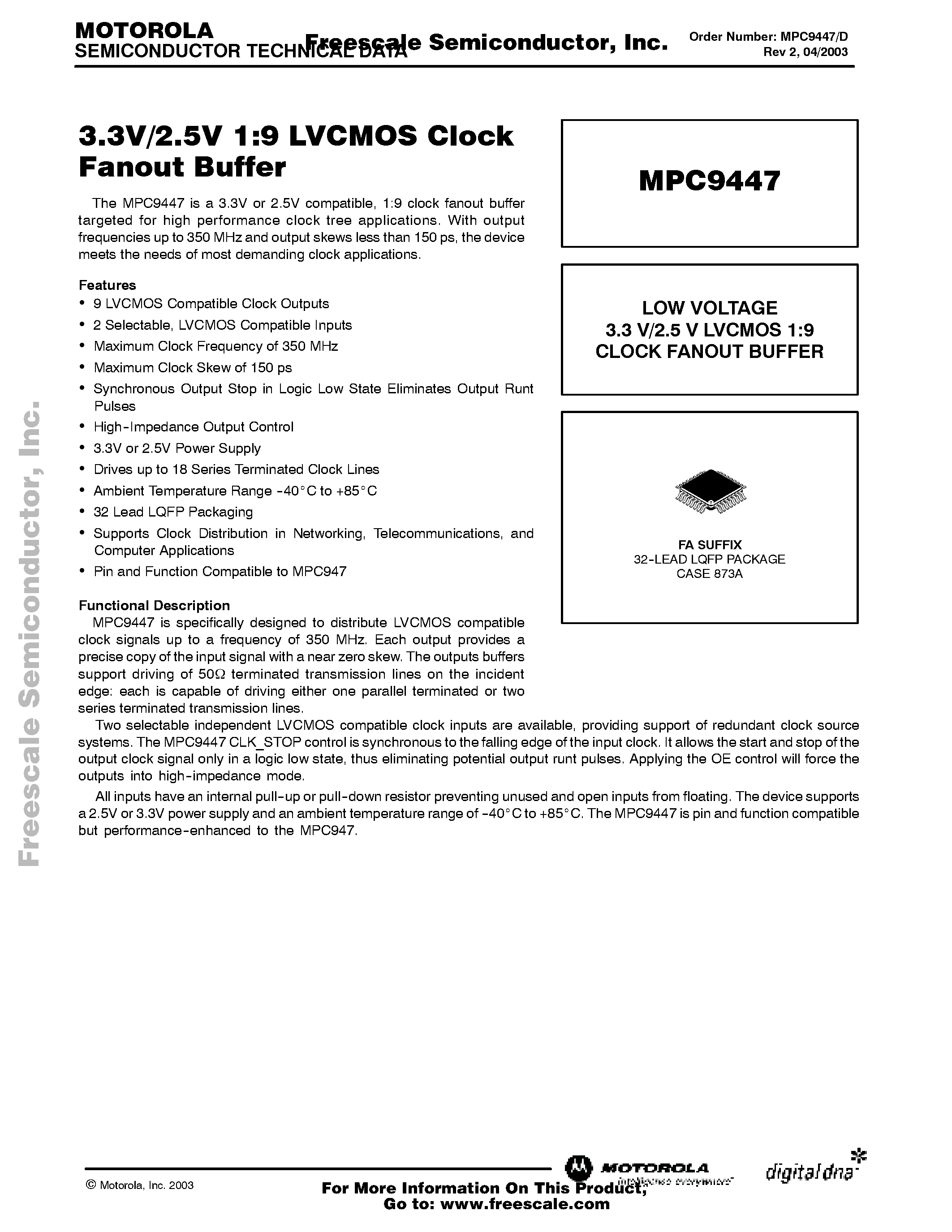 Datasheet MPC9447 - 3.3V/2.5V 1:9 LVCMOS Clock Fanout Buffer page 1