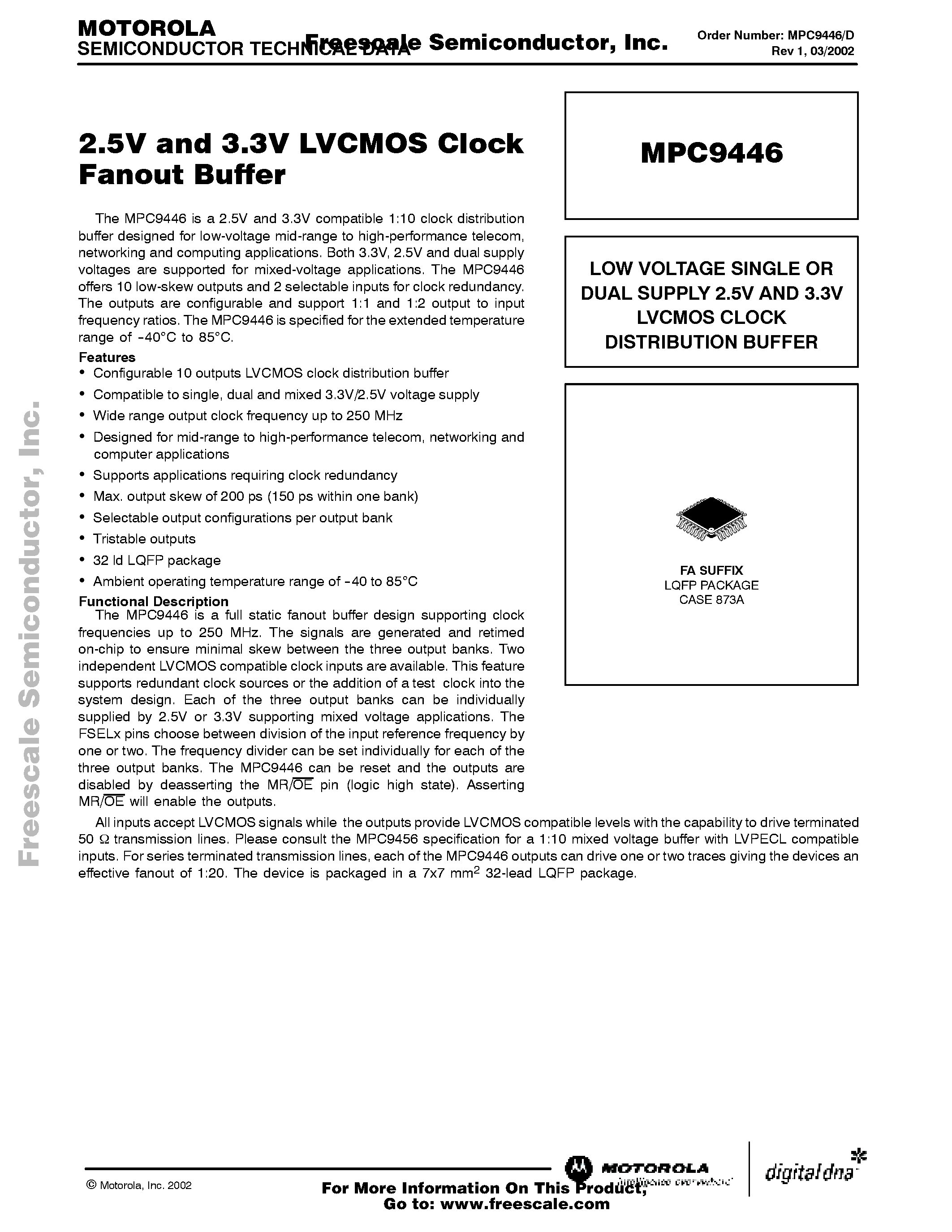 Datasheet MPC9446 - 2.5V and 3.3V LVCMOS Clock Fanout Buffer page 1