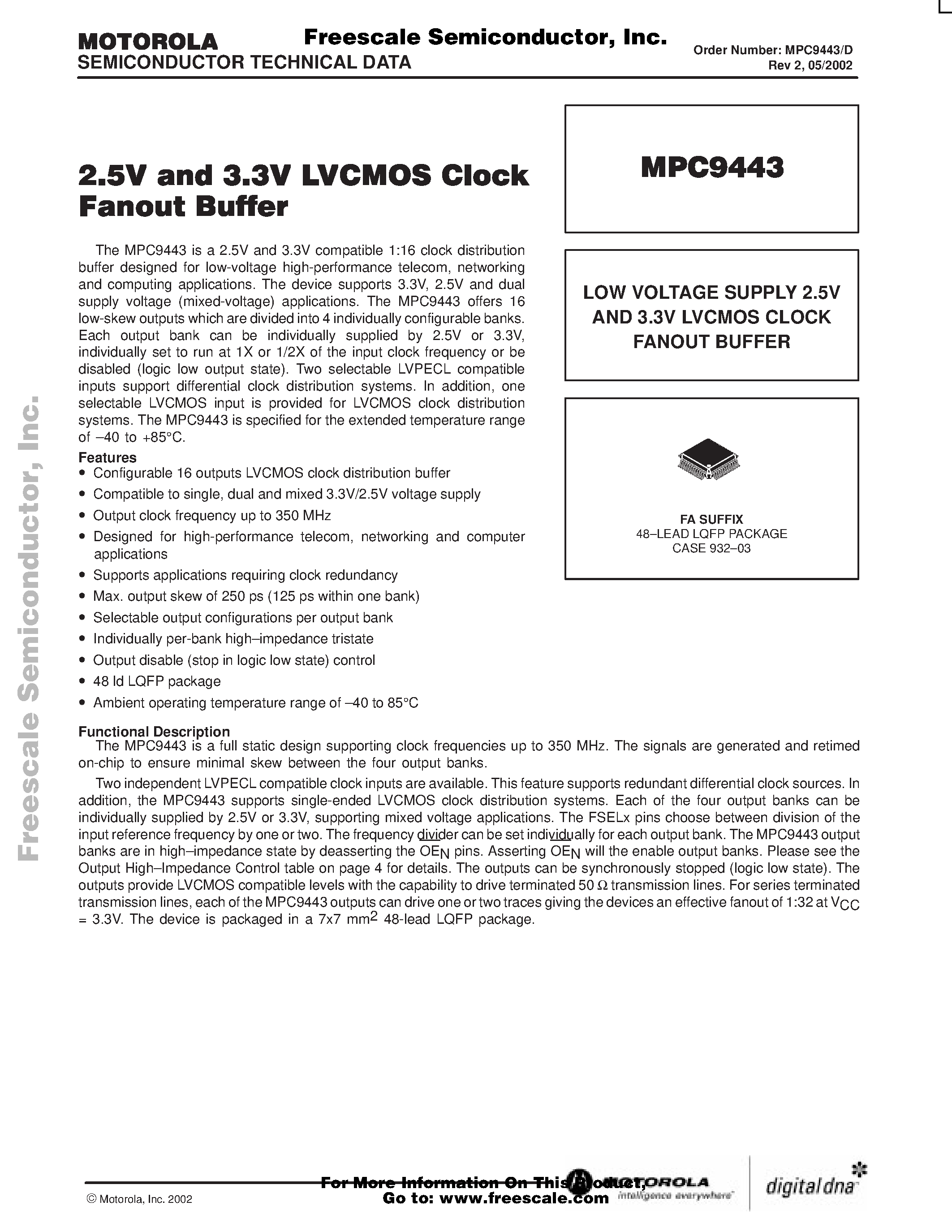 Datasheet MPC9443 - 2.5V AND 3.3V LVCMOS CLOCK FANOUT BUFFER page 1
