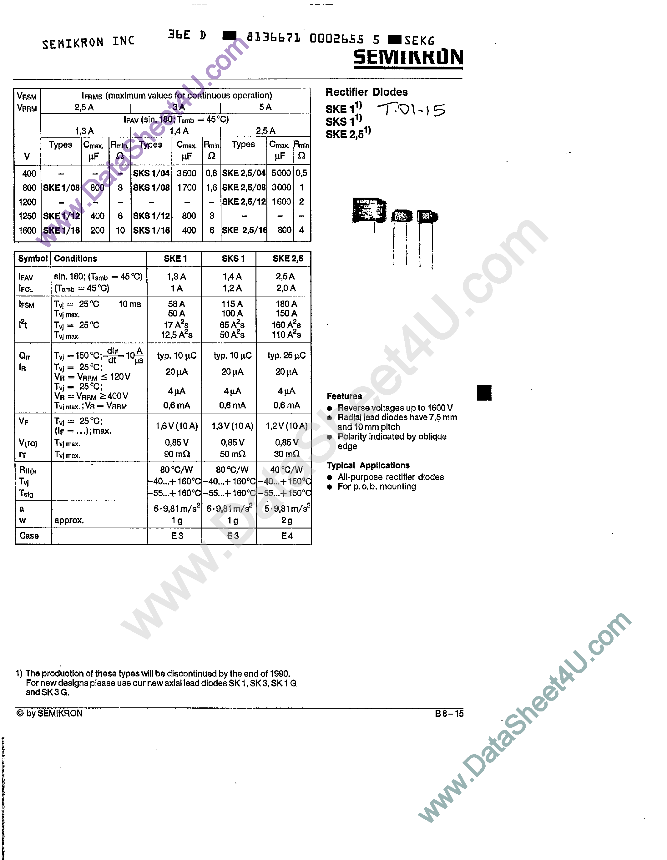 Даташит на микросхему SKE1/08 страница 1 Даташит SKE1/08 - (SKE1/xx) Rectifier Diodes страница 1