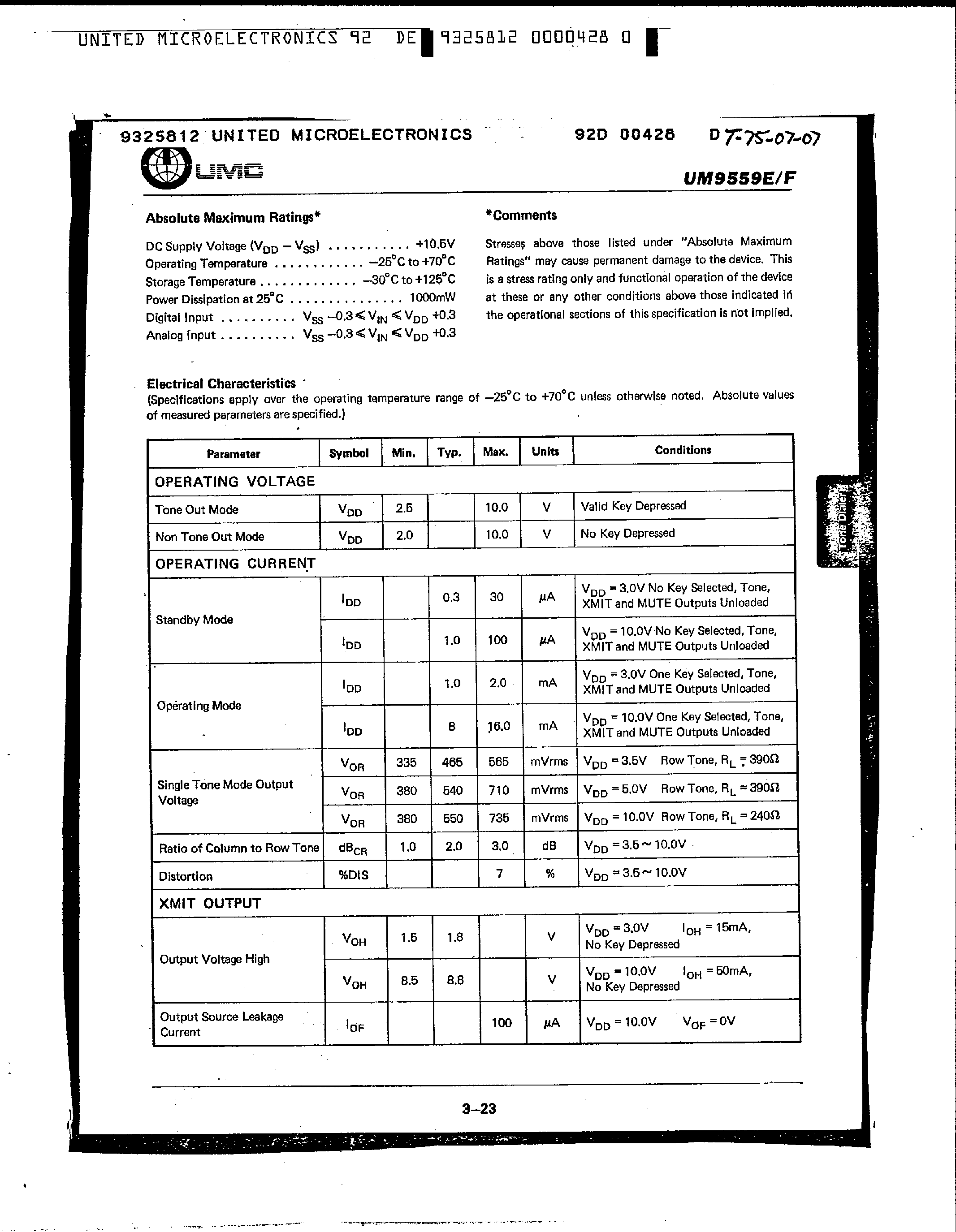 Datasheet UM9559E page 2 Datasheet UM9559E - (UM9559E/F) TONE DIALER page 2