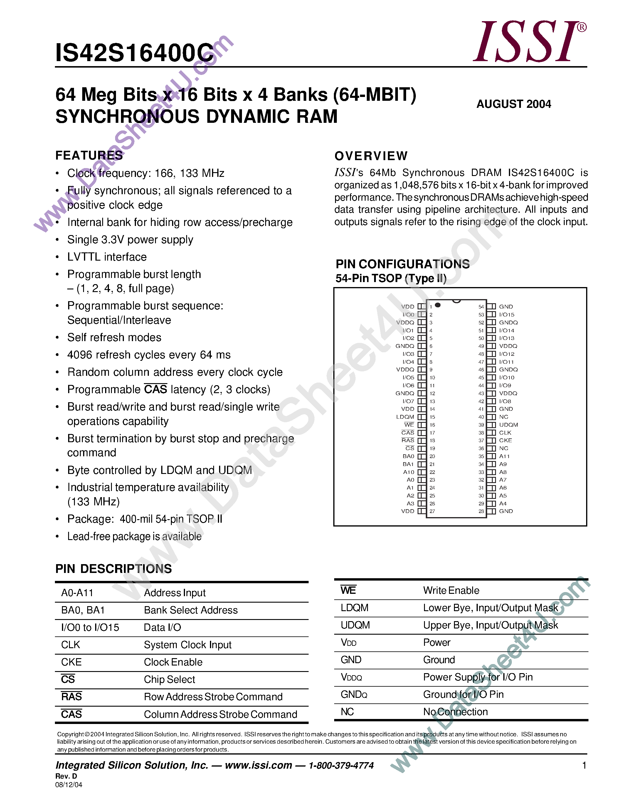 Даташит IS42S16400C - 64M-Bit x 16-Bit 4 4-Bank SDRAM страница 1