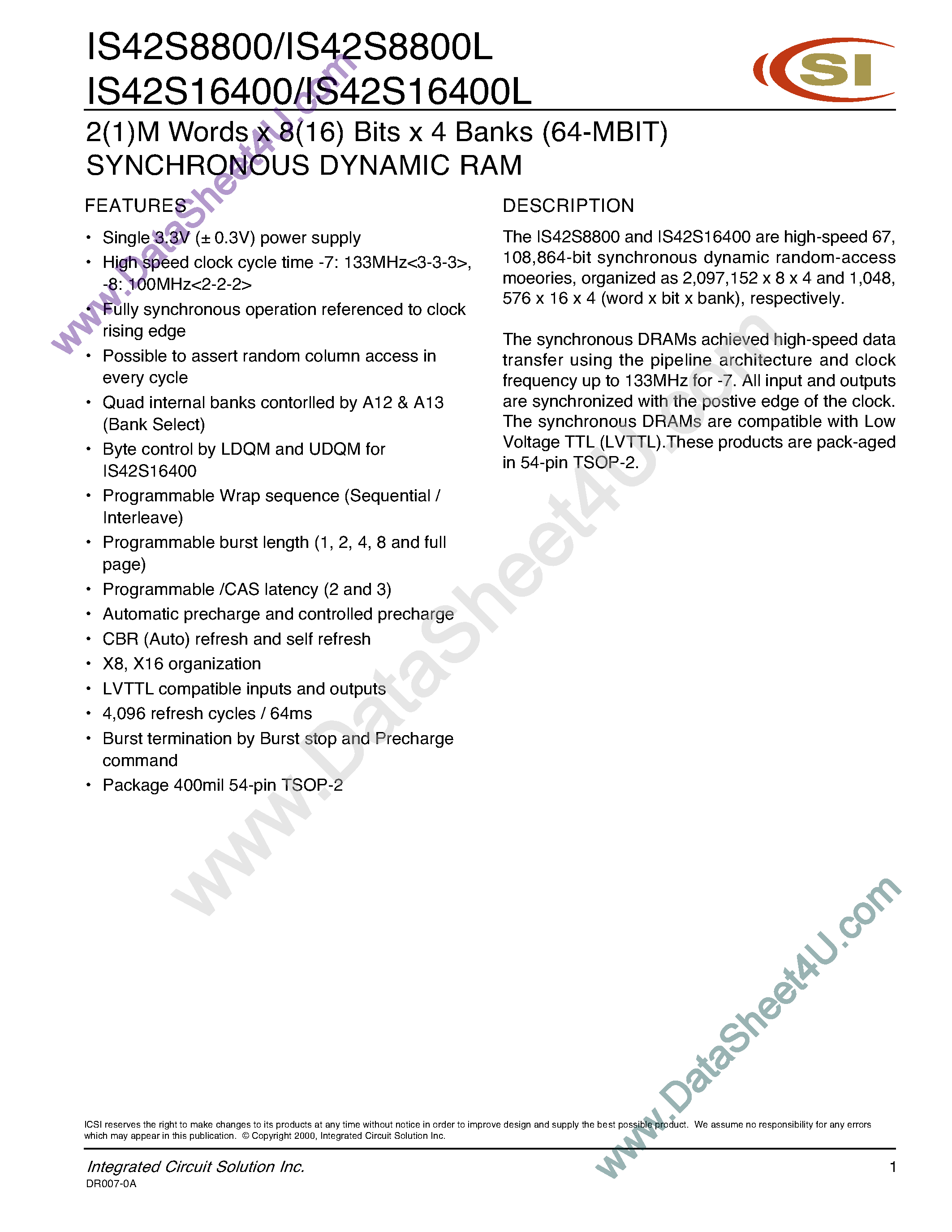 Datasheet IS42S16400 - (IS42S8800x/ IS42S16400x) 2M x 8-Bit x 4-Bank SDRAM page 1