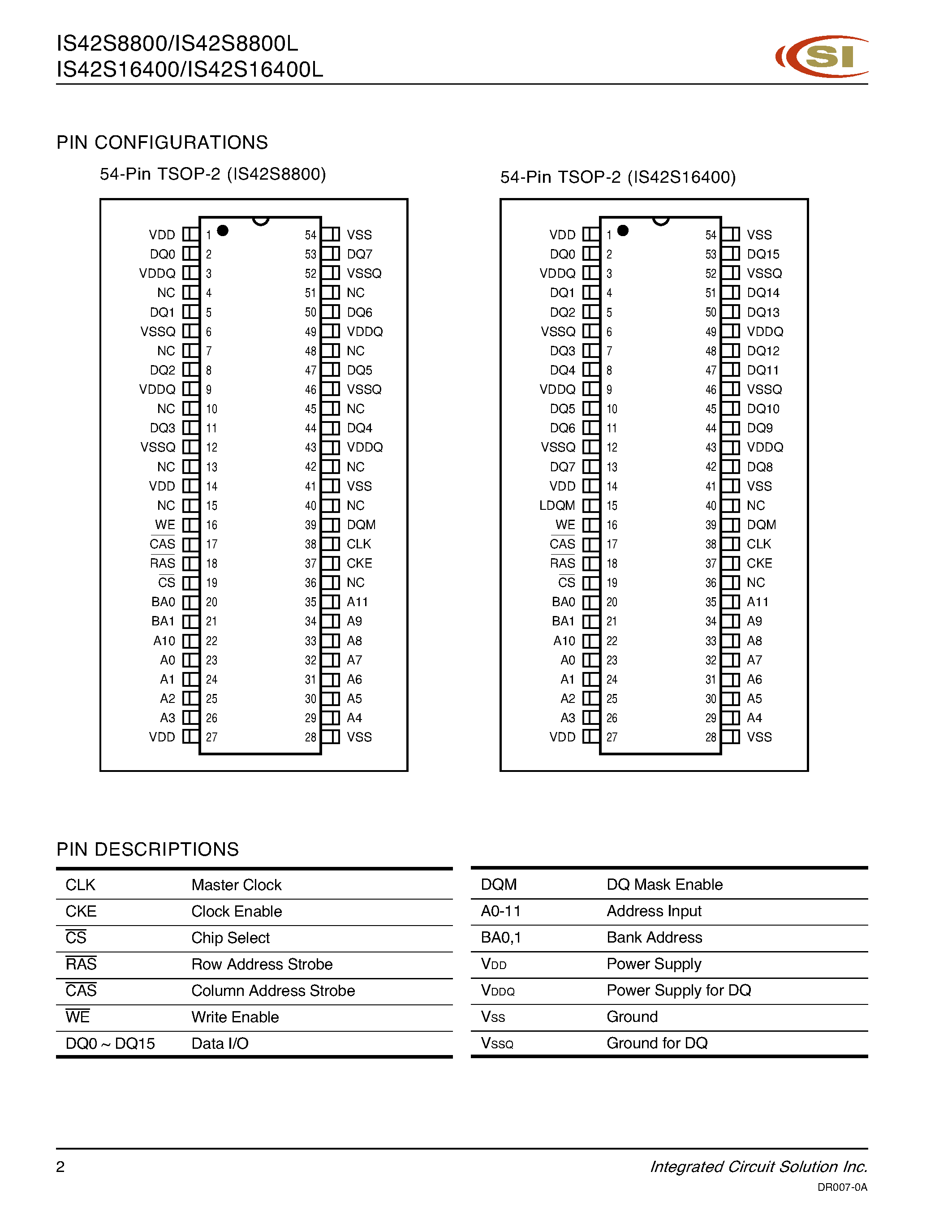 Datasheet IS42S16400 - (IS42S8800x/ IS42S16400x) 2M x 8-Bit x 4-Bank SDRAM page 2