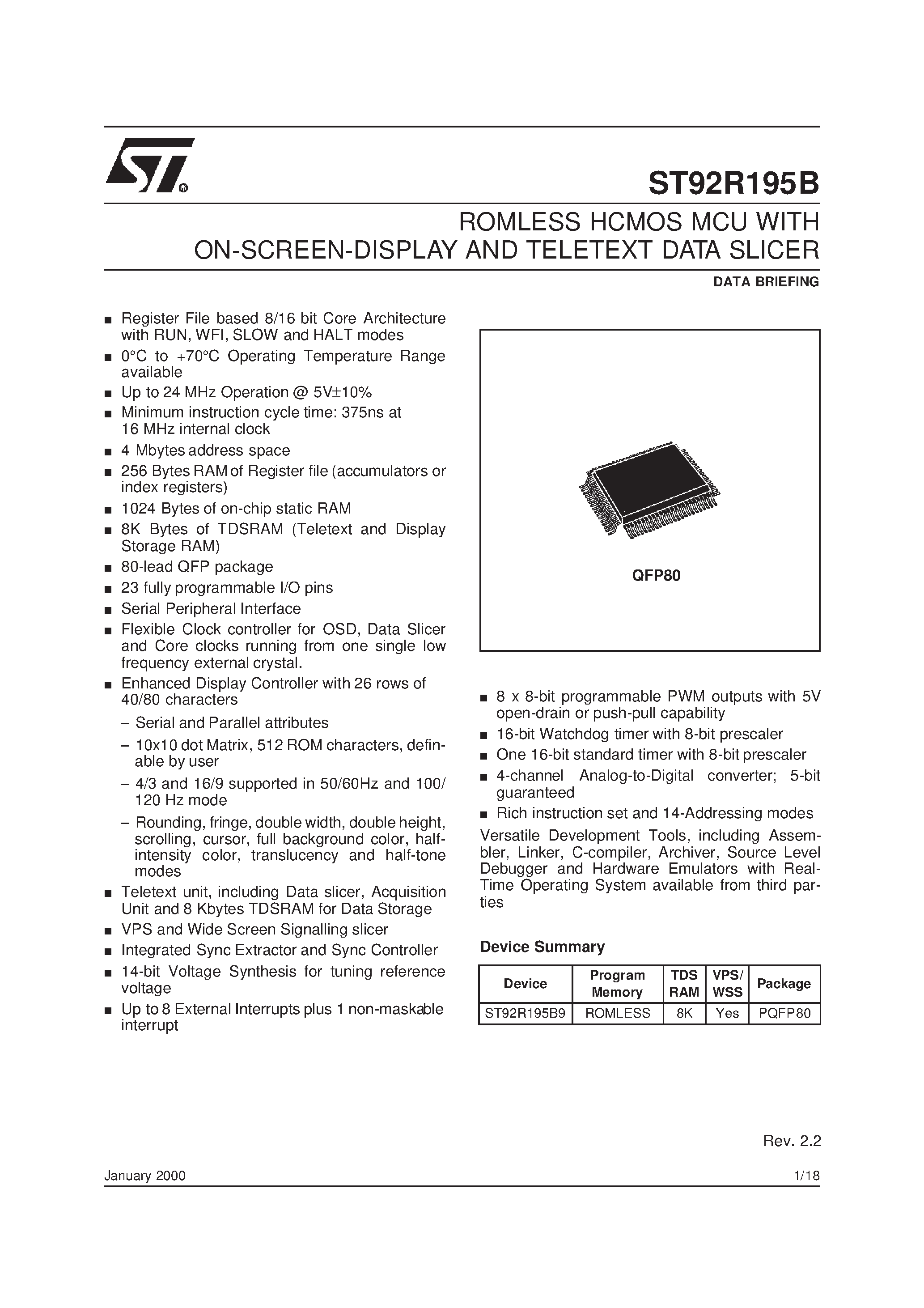 Datasheet ST92R195B - ROMLESS HCMOS MCU WITH ON-SCREEN-DISPLAY AND TELETEXT DATA SLICER page 1