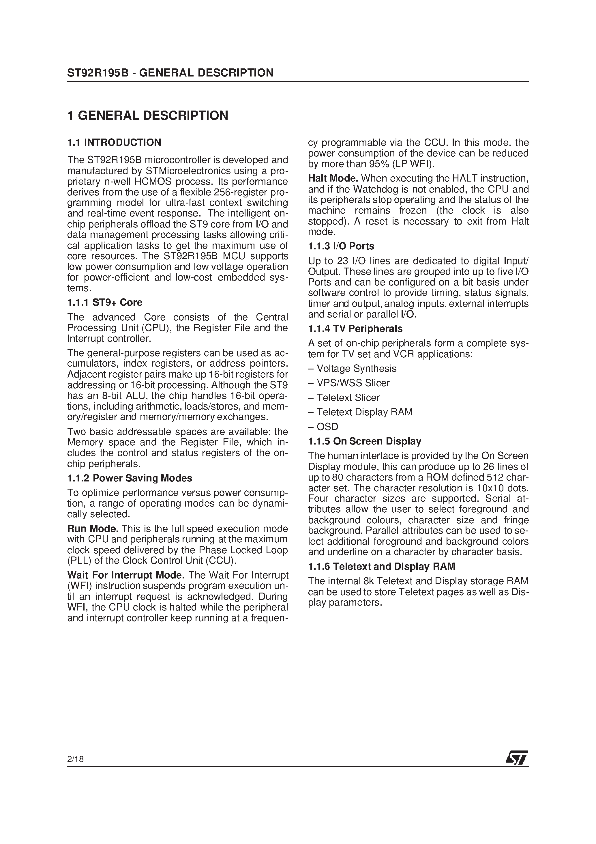 Даташит на микросхему ST92R195B страница 2 Даташит ST92R195B - ROMLESS HCMOS MCU WITH ON-SCREEN-DISPLAY AND TELETEXT DATA SLICER страница 2