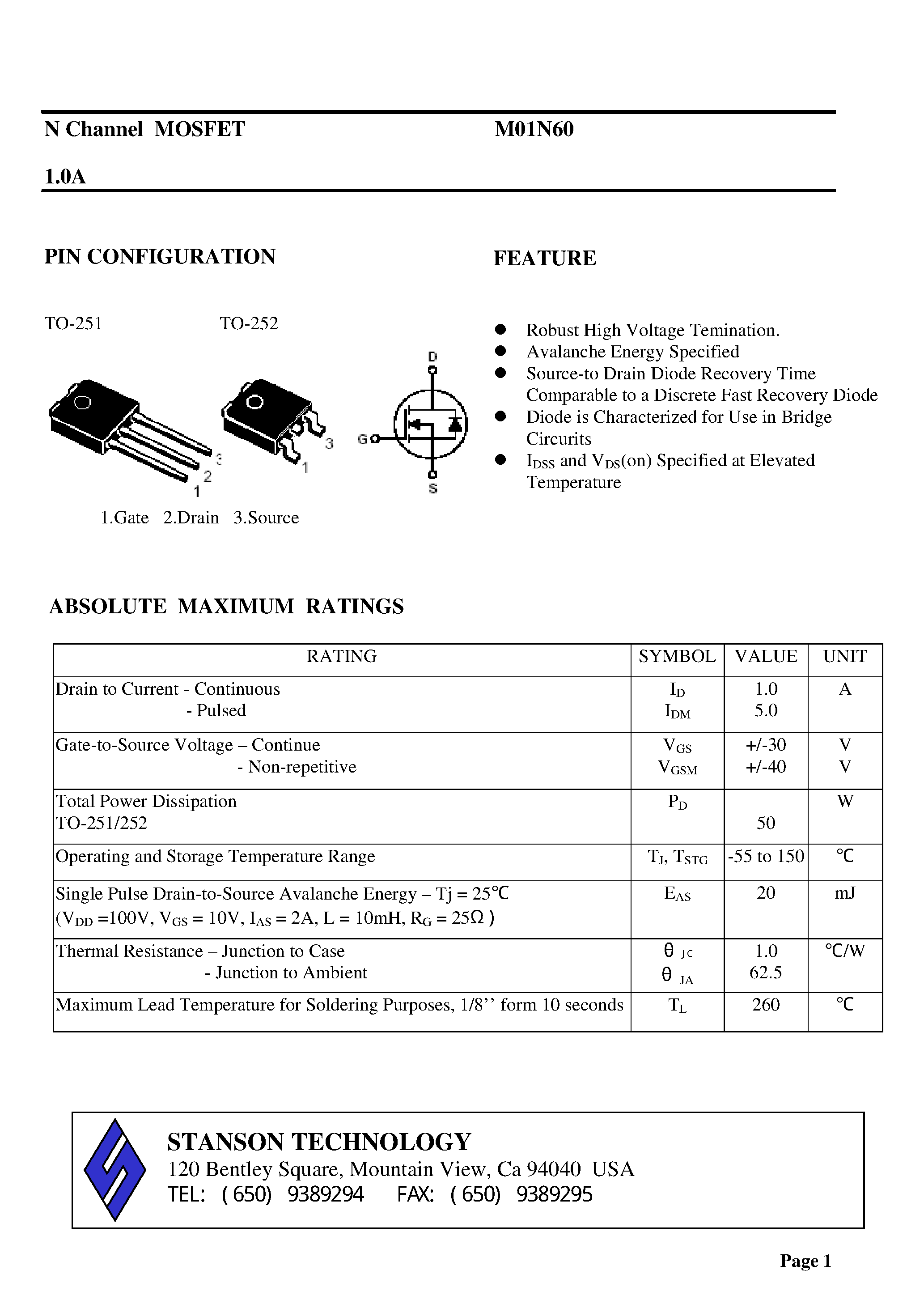 Datasheet M01N60 - N Channel MOSFET page 1