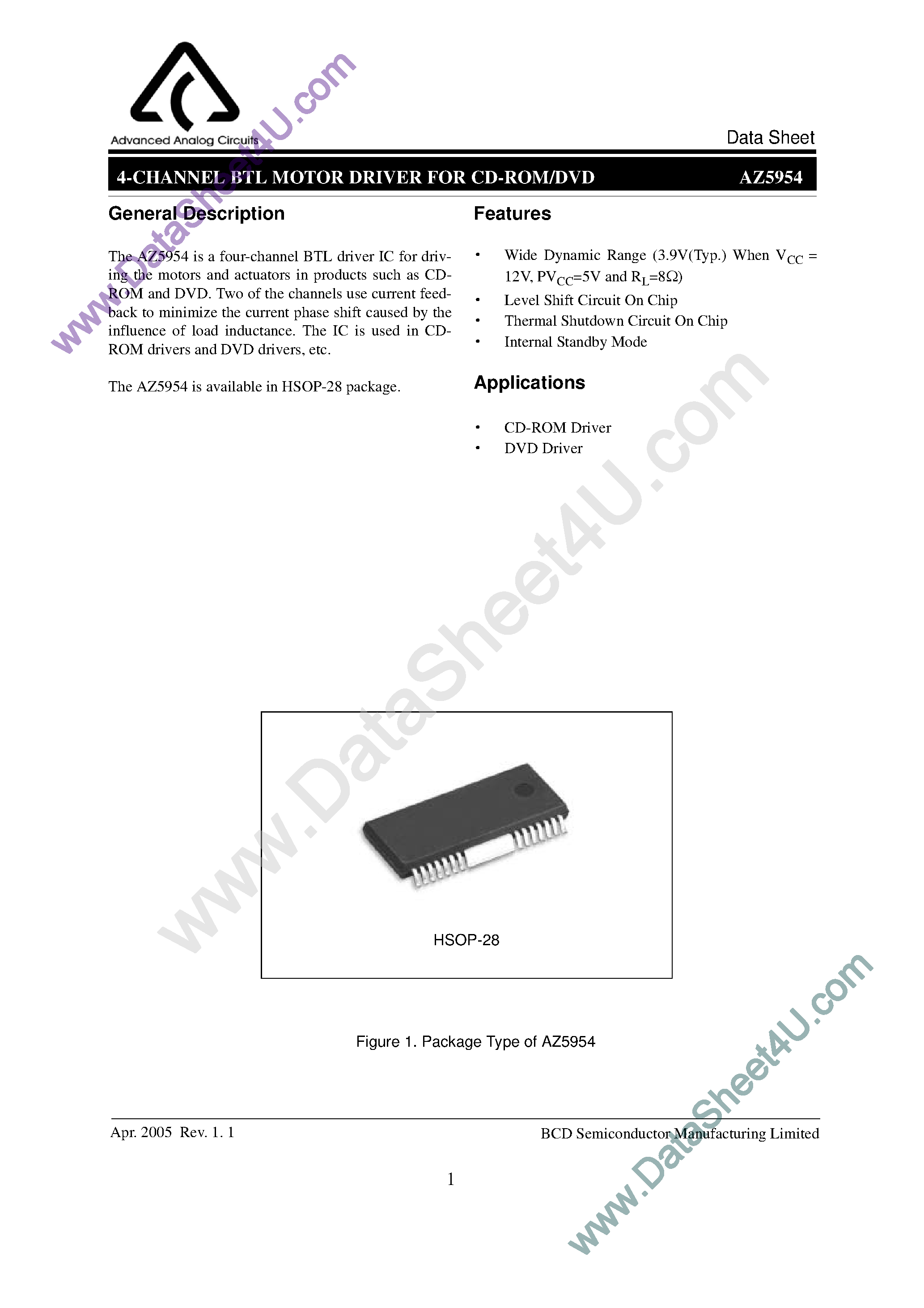 Datasheet AZ5954 - 4-Channel BTL Motor Driver page 1