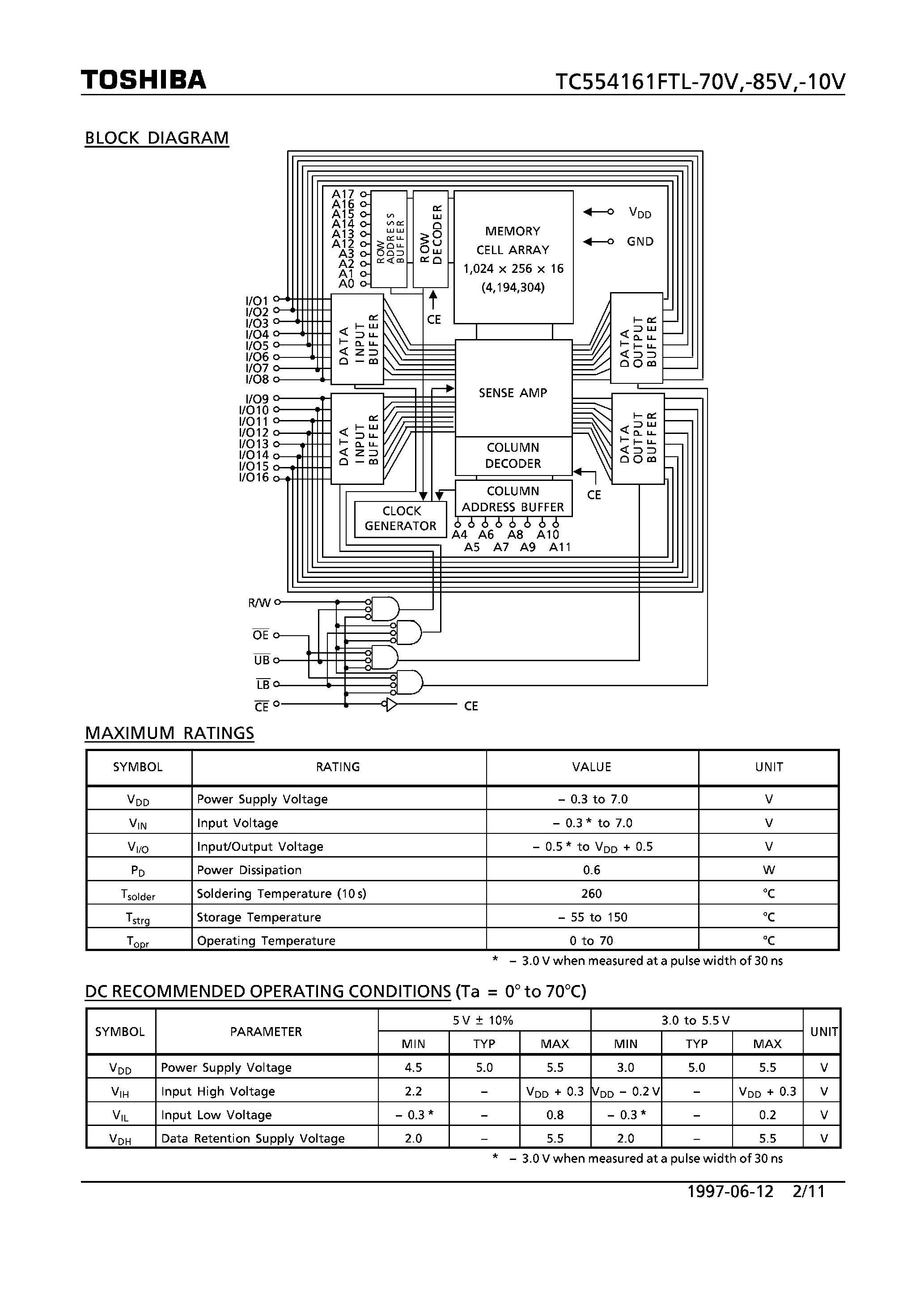 Даташит TC554161FTL - 262144-WORD BY 16-BIT STATIC RAM страница 2