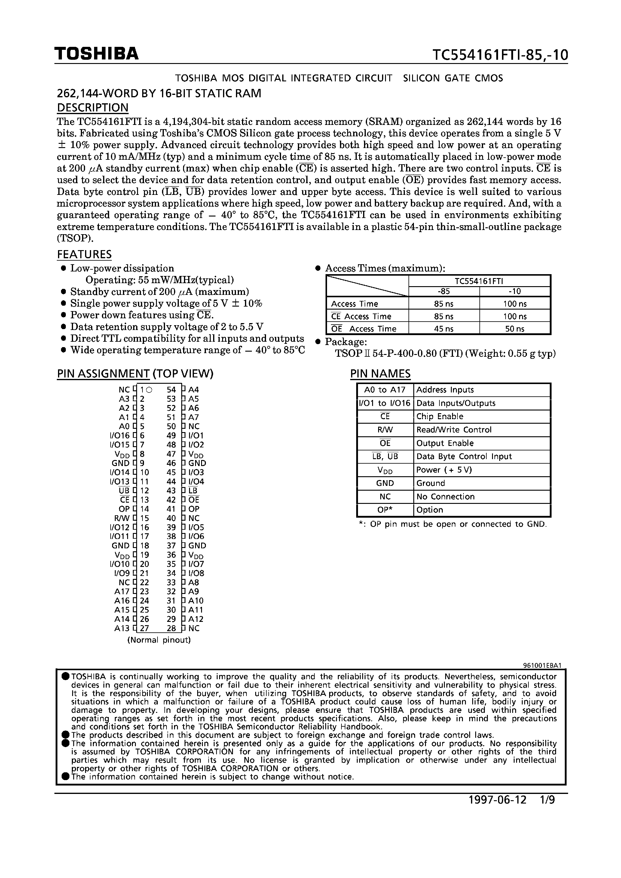 Даташит TC554161FTI - 262144-WORD BY 16-BIT STATIC RAM страница 1