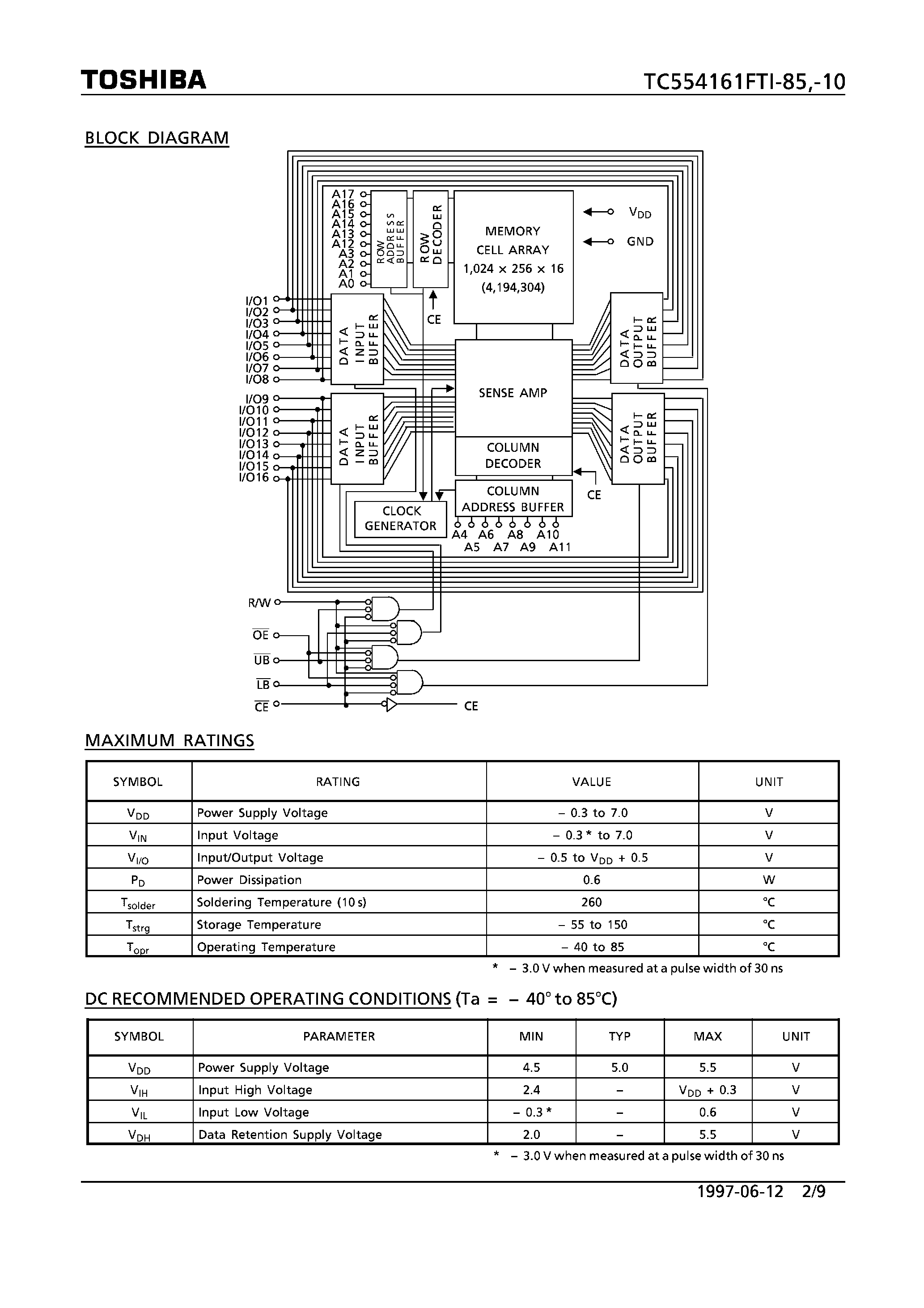 Даташит TC554161FTI - 262144-WORD BY 16-BIT STATIC RAM страница 2