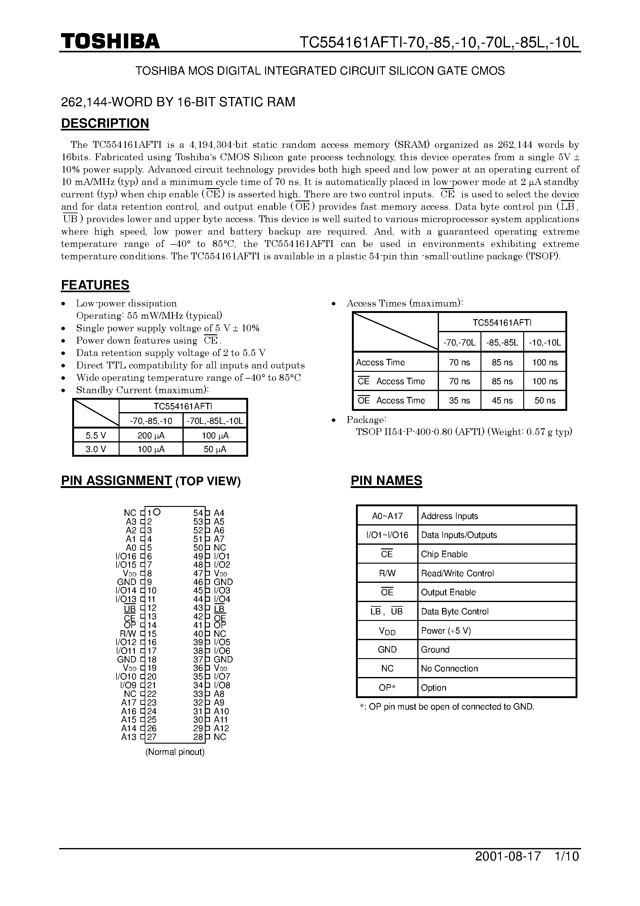 Даташит TC554161AFTI - TOSHIBA MOS DIGITAL INTEGRATED CIRCUIT SILICON GATE CMOS страница 1
