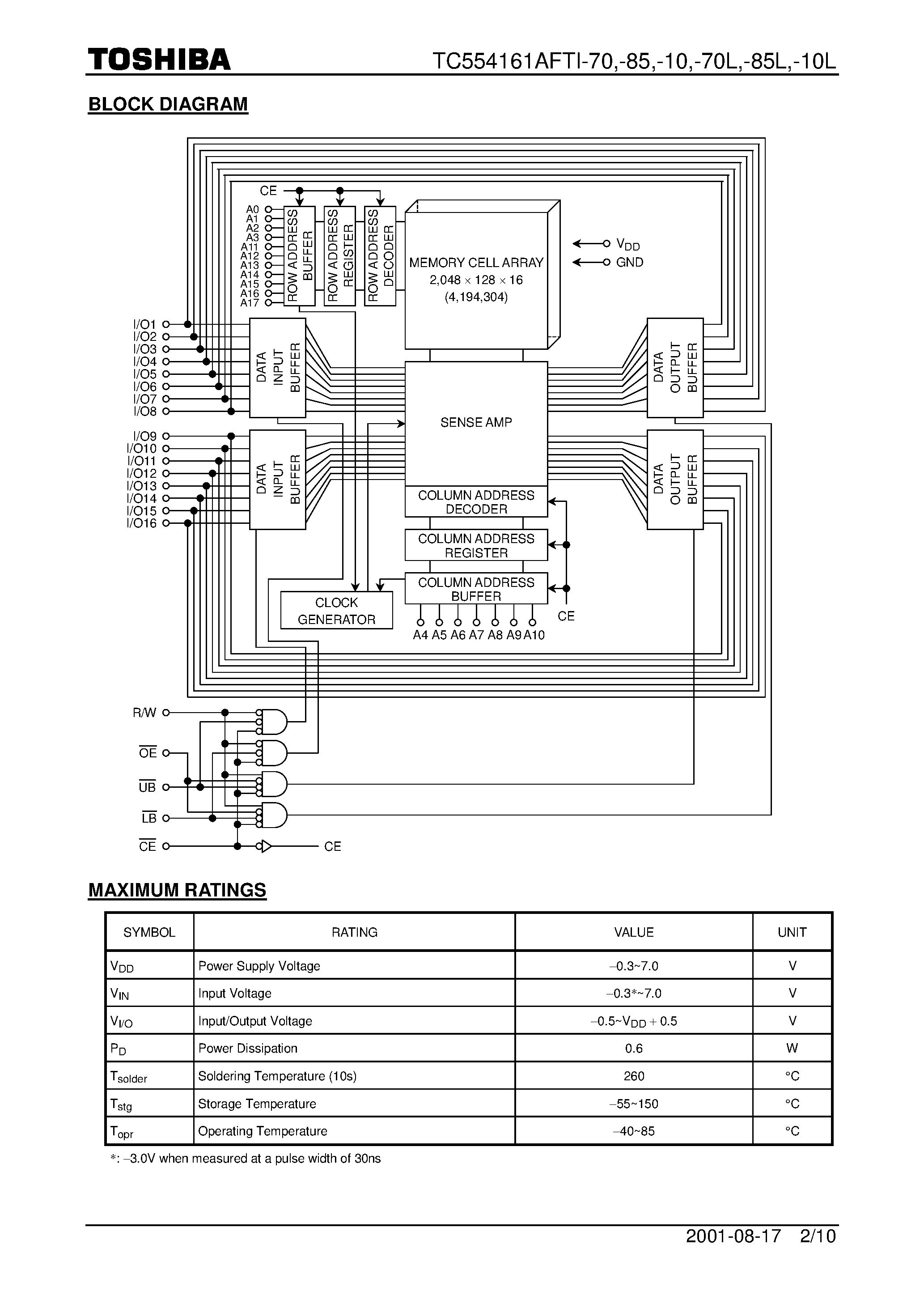 Даташит TC554161AFTI - TOSHIBA MOS DIGITAL INTEGRATED CIRCUIT SILICON GATE CMOS страница 2
