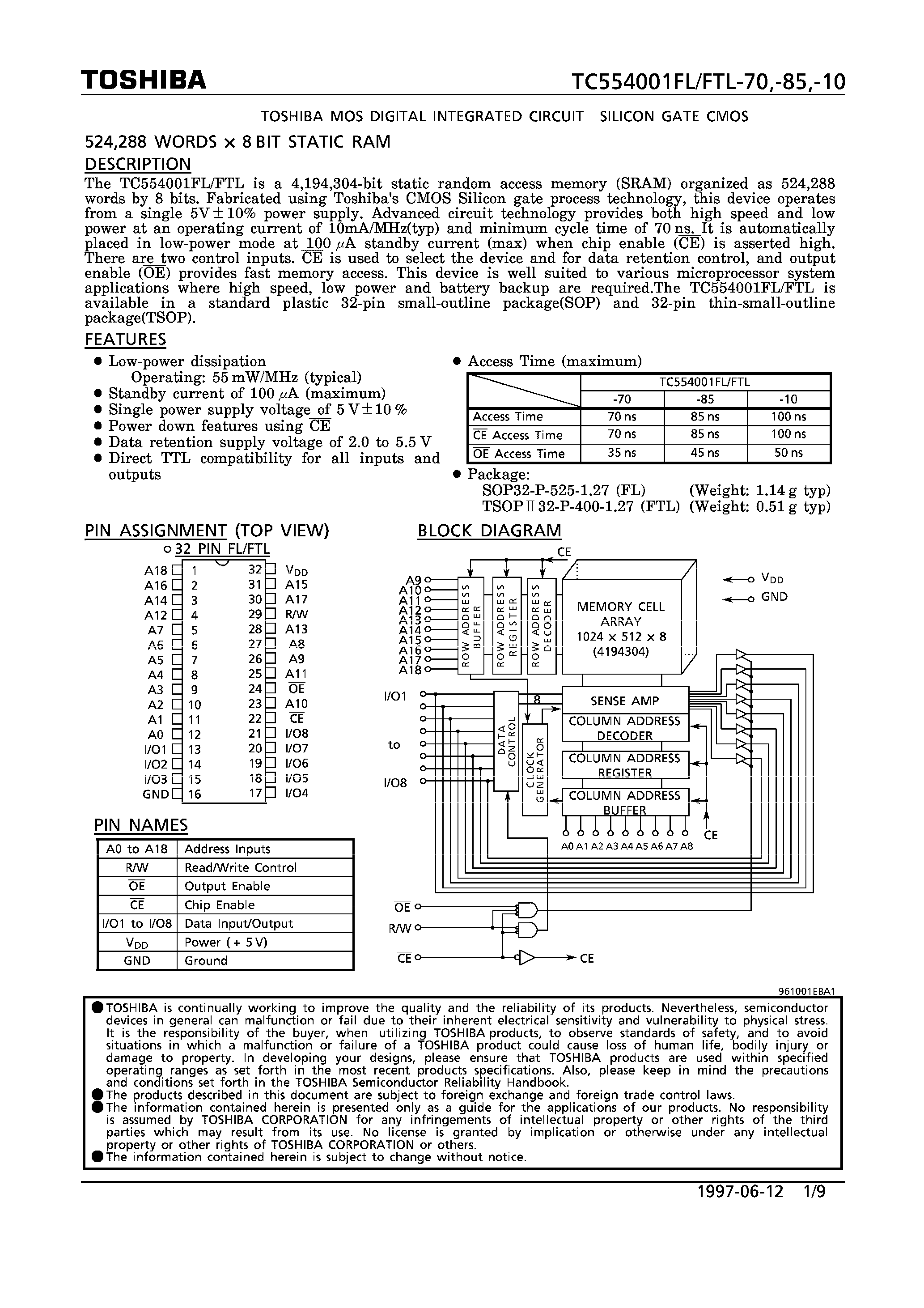 Даташит TC554001FL - 524288 WORDS x 8BIT STATIC RAM страница 1