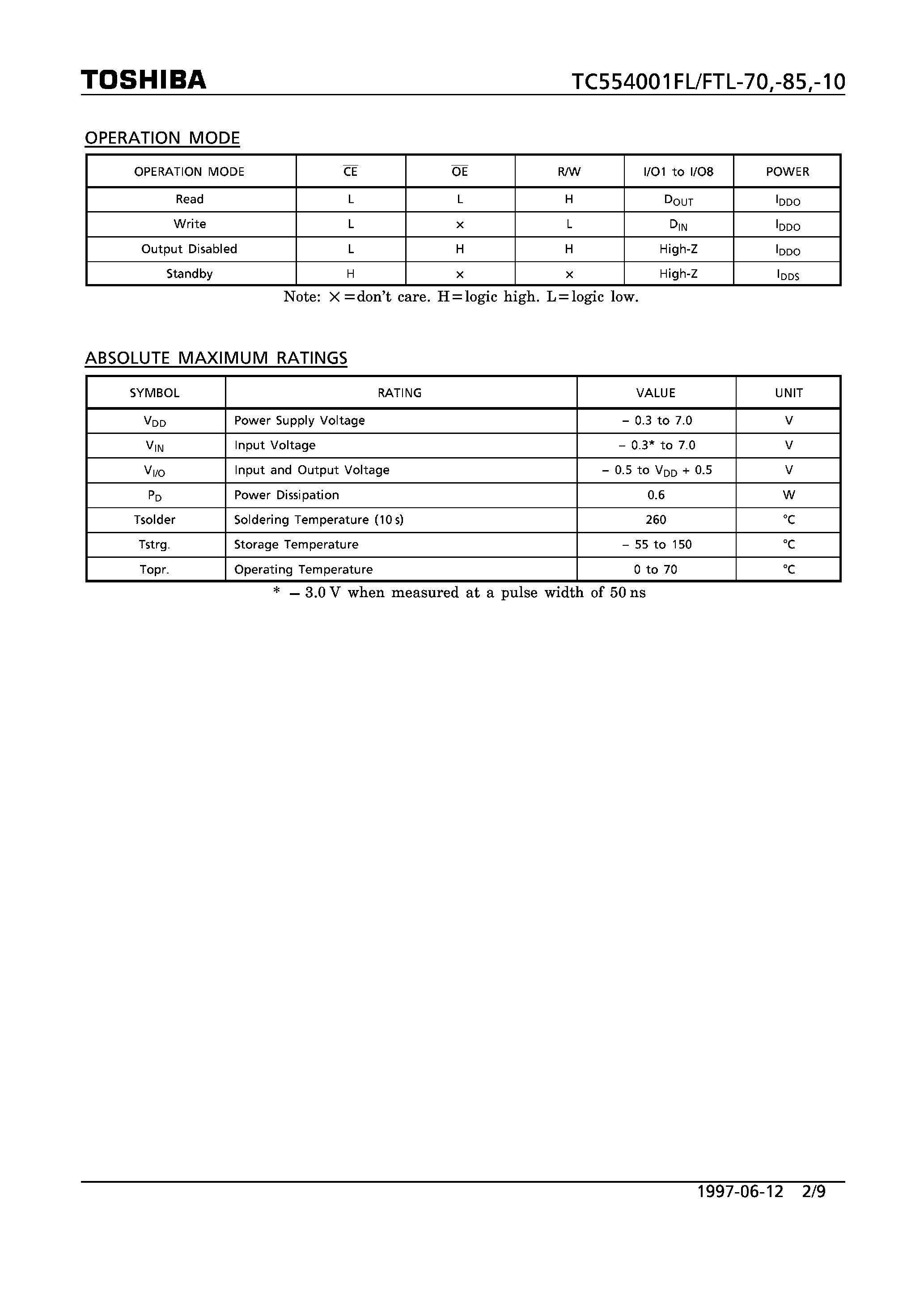 Даташит TC554001FL - 524288 WORDS x 8BIT STATIC RAM страница 2