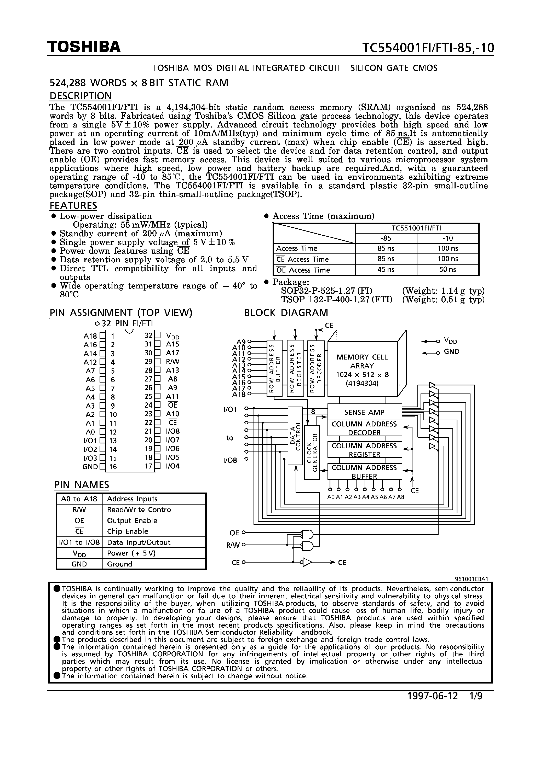 Datasheet TC554001FI - 524288 WORDS x 8BIT STATIC RAM page 1