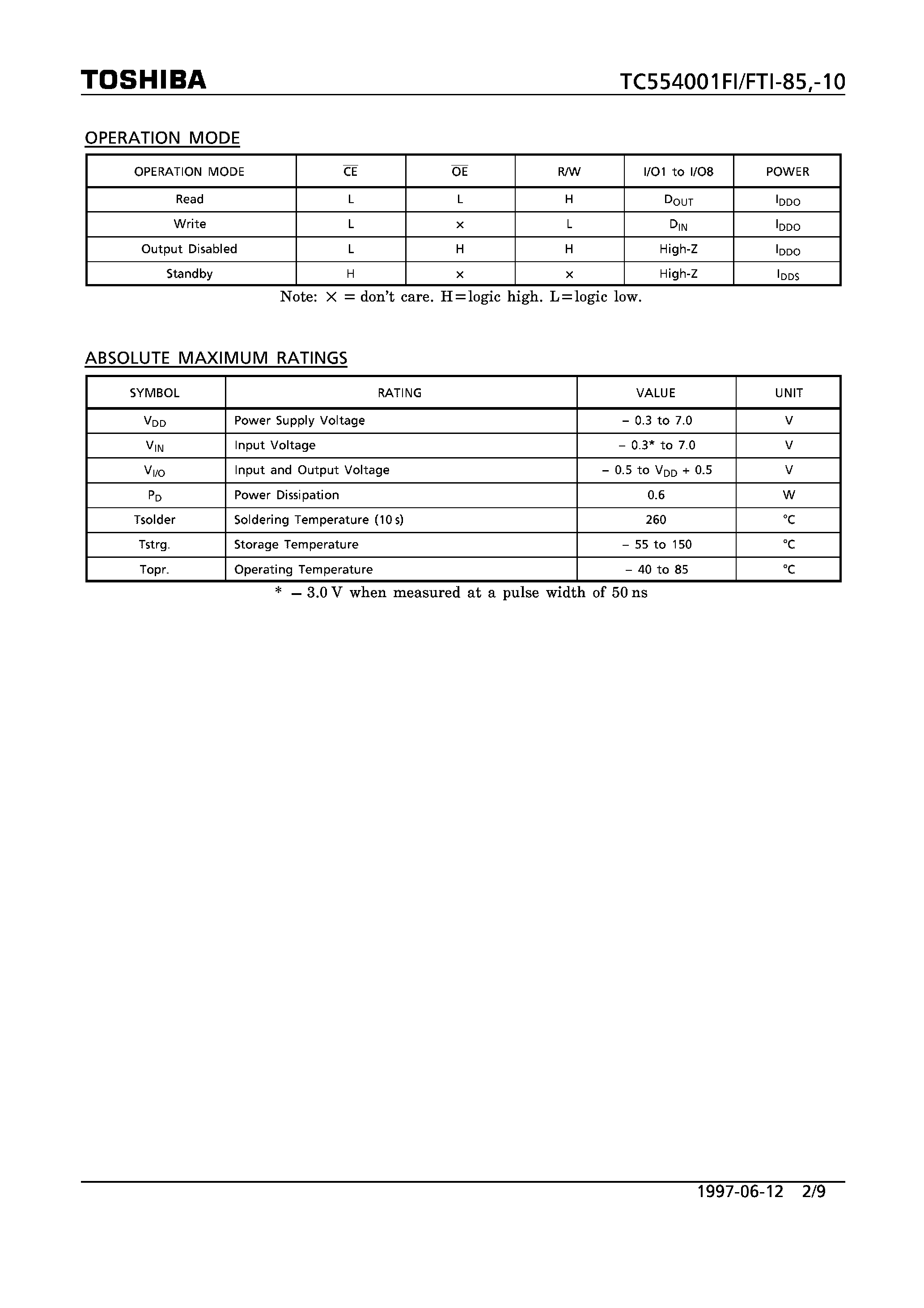 Datasheet TC554001FI - 524288 WORDS x 8BIT STATIC RAM page 2