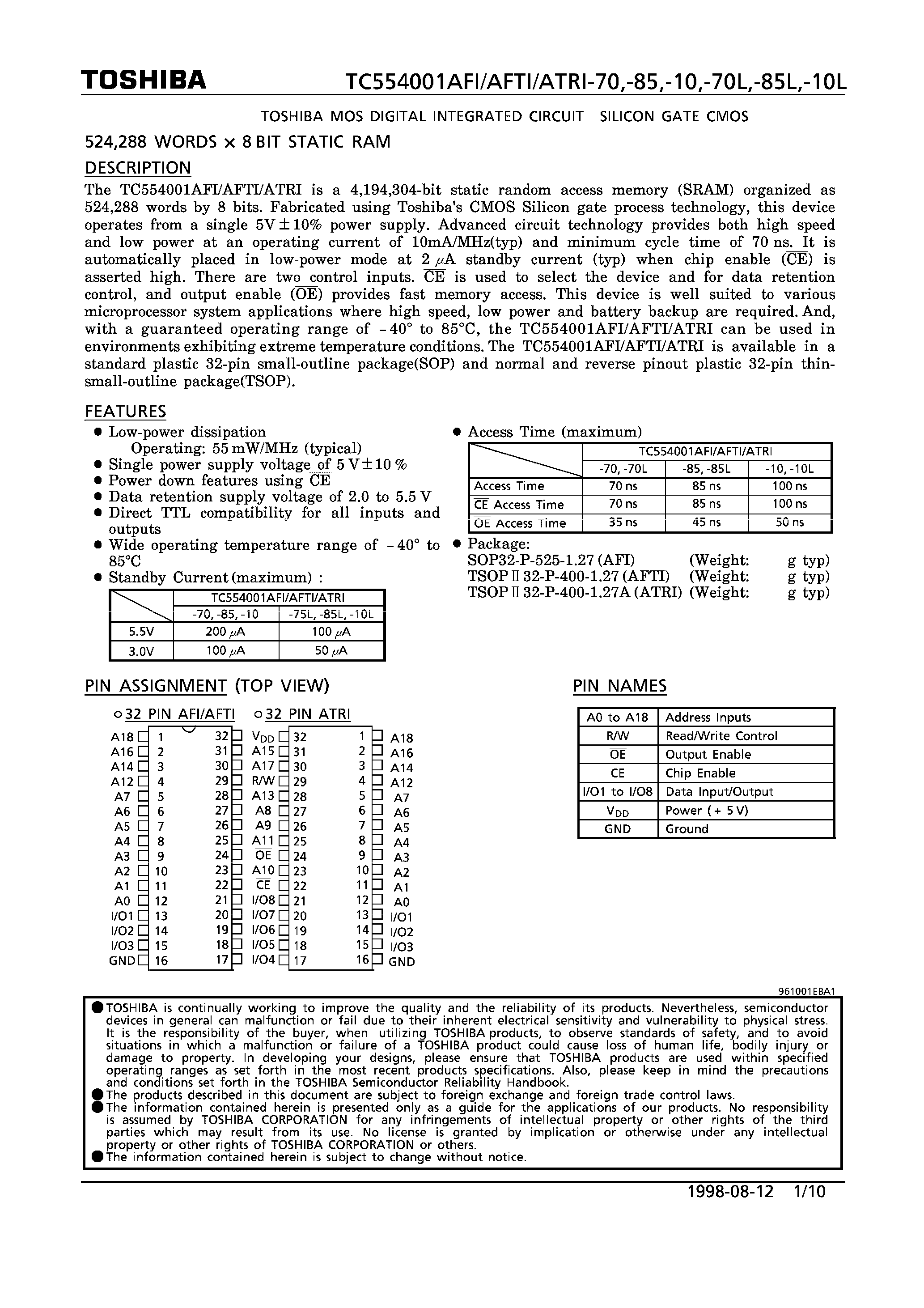 Даташит TC554001AFI - 524228 WORDS x 8 BIT STATIC RAM страница 1