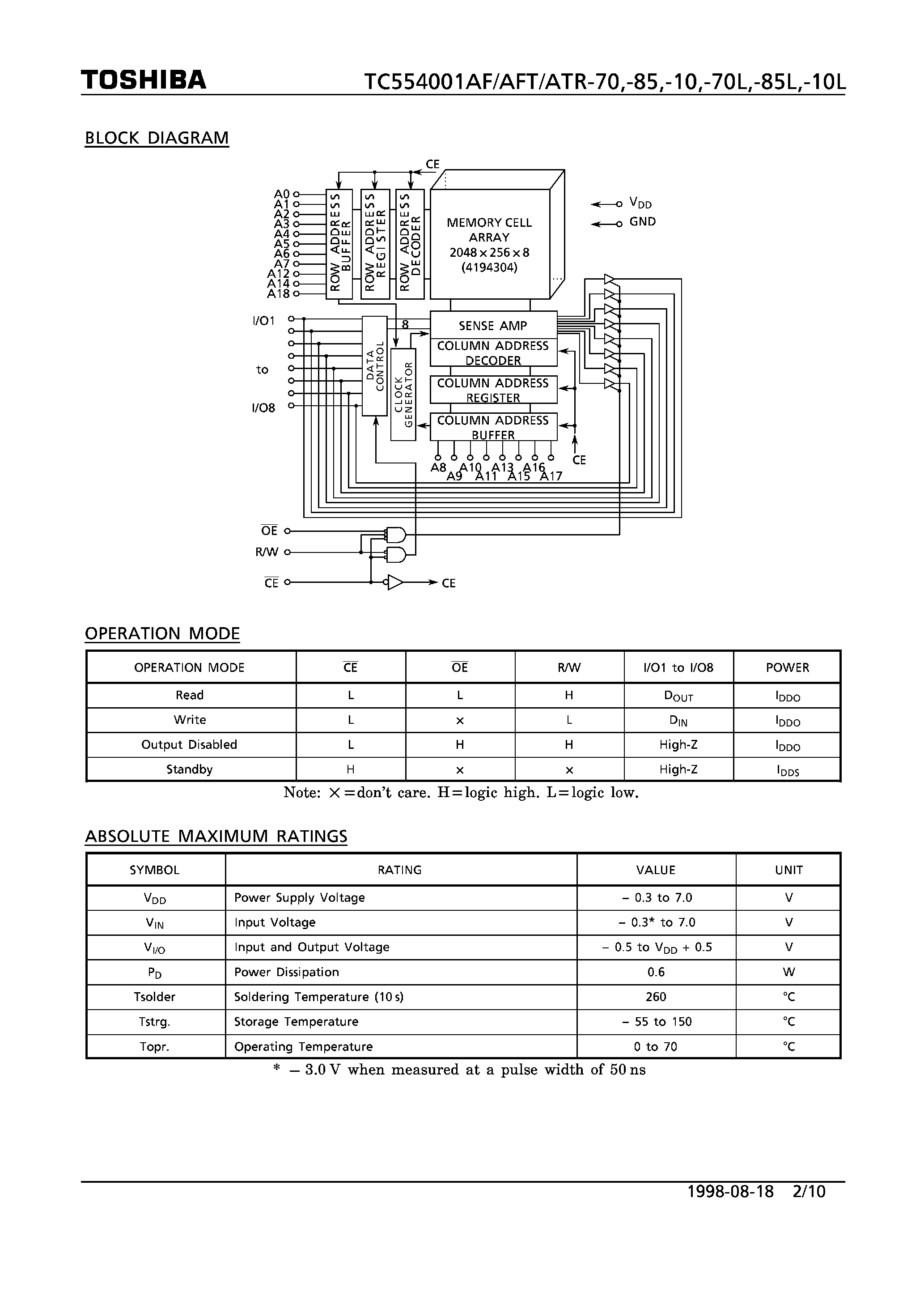 Даташит TC554001AF - 524228 WORDS x 8 BIT STATIC RAM страница 2