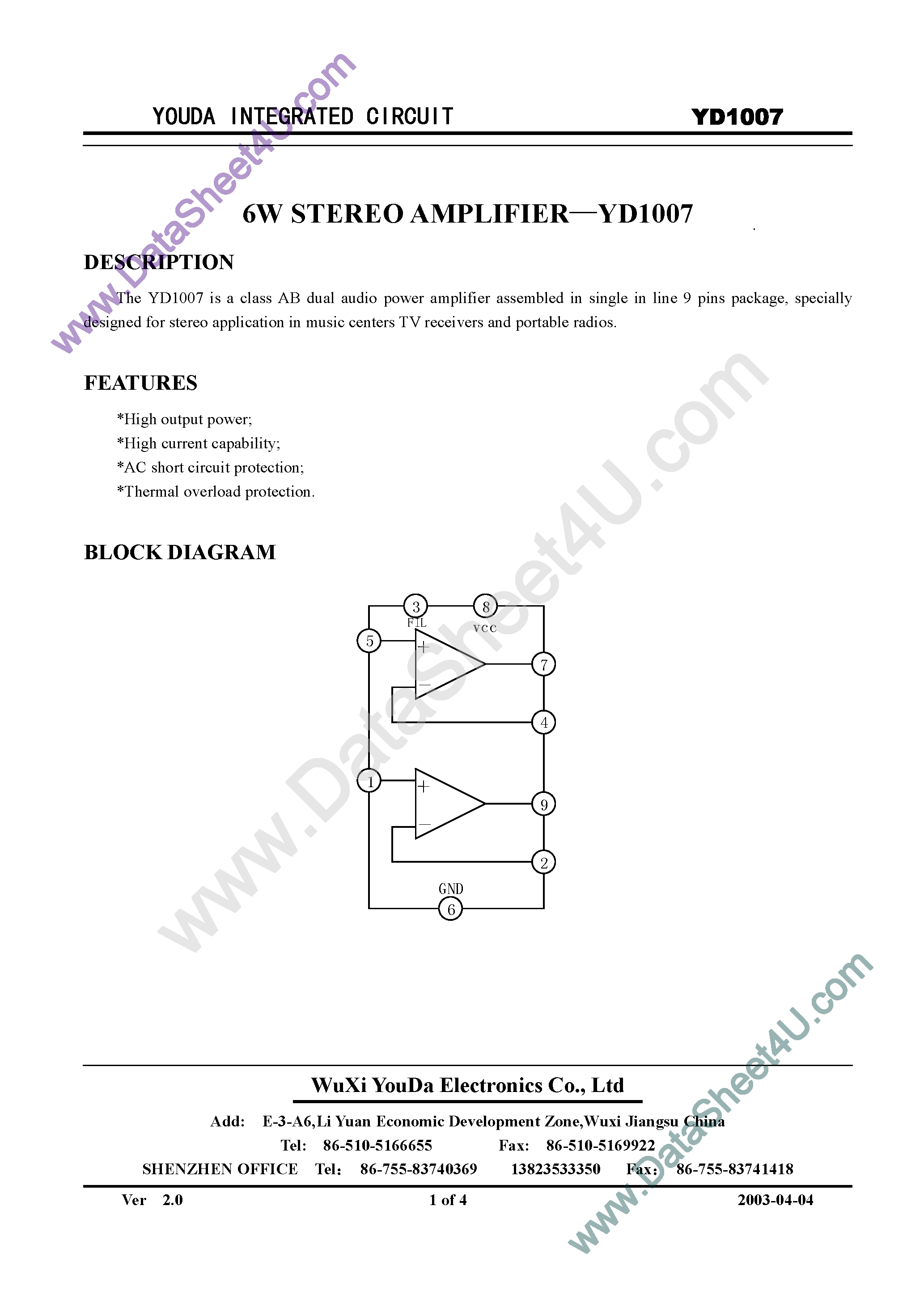 Даташит YD1007 - 6W Stereo Amplifier страница 1