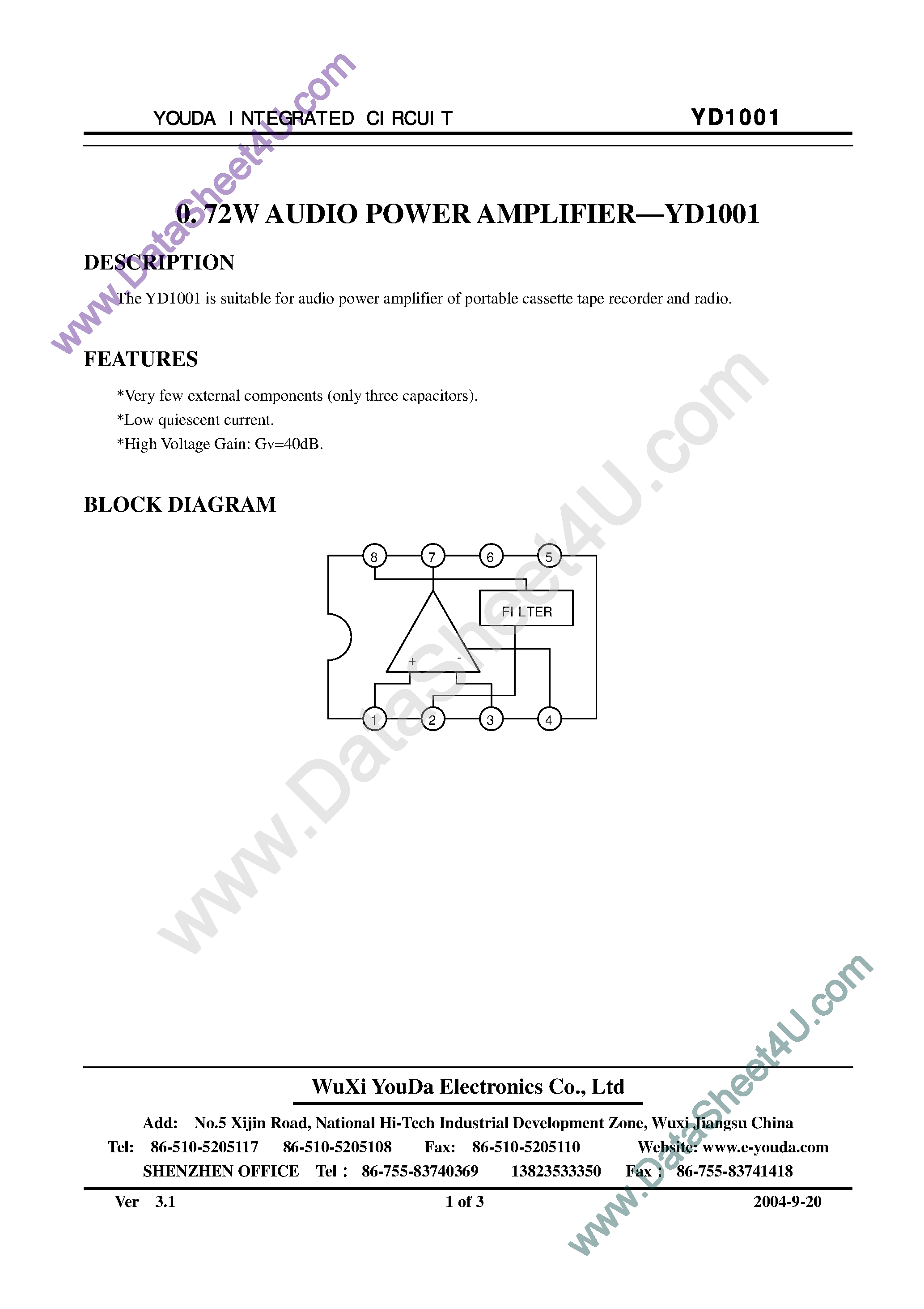 Даташит YD1001 - 0.72W Audio Power Amplifier страница 1