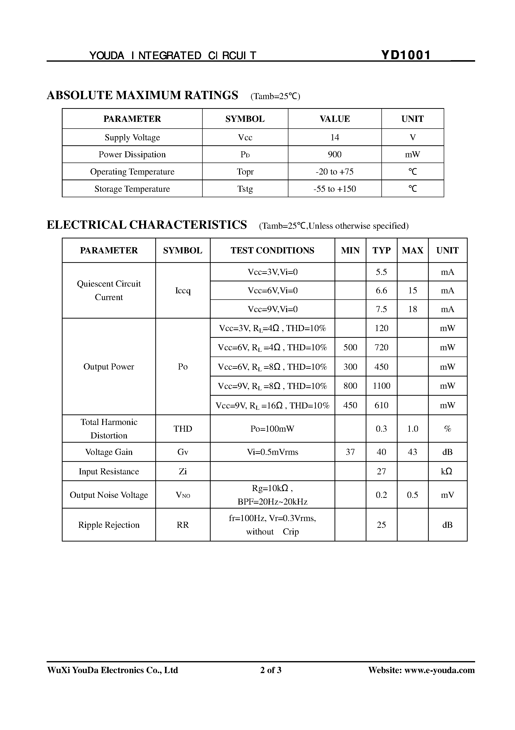 Datasheet YD1001 - 0.72W Audio Power Amplifier page 2