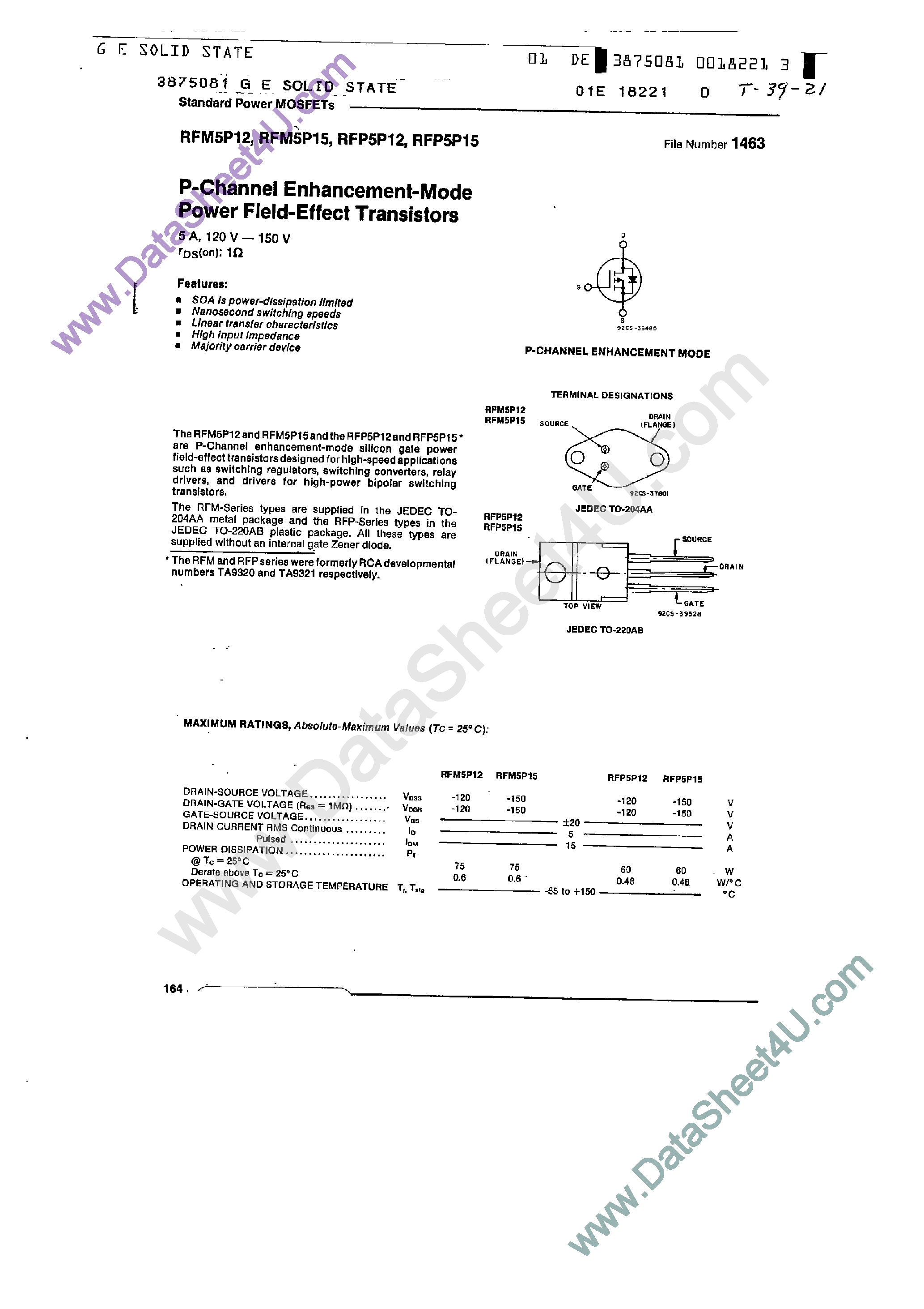 Datasheet RFP5P12 - (RFP5P12 / RFP5P15) P-channel enhancement-mode power field-effect transistor page 1