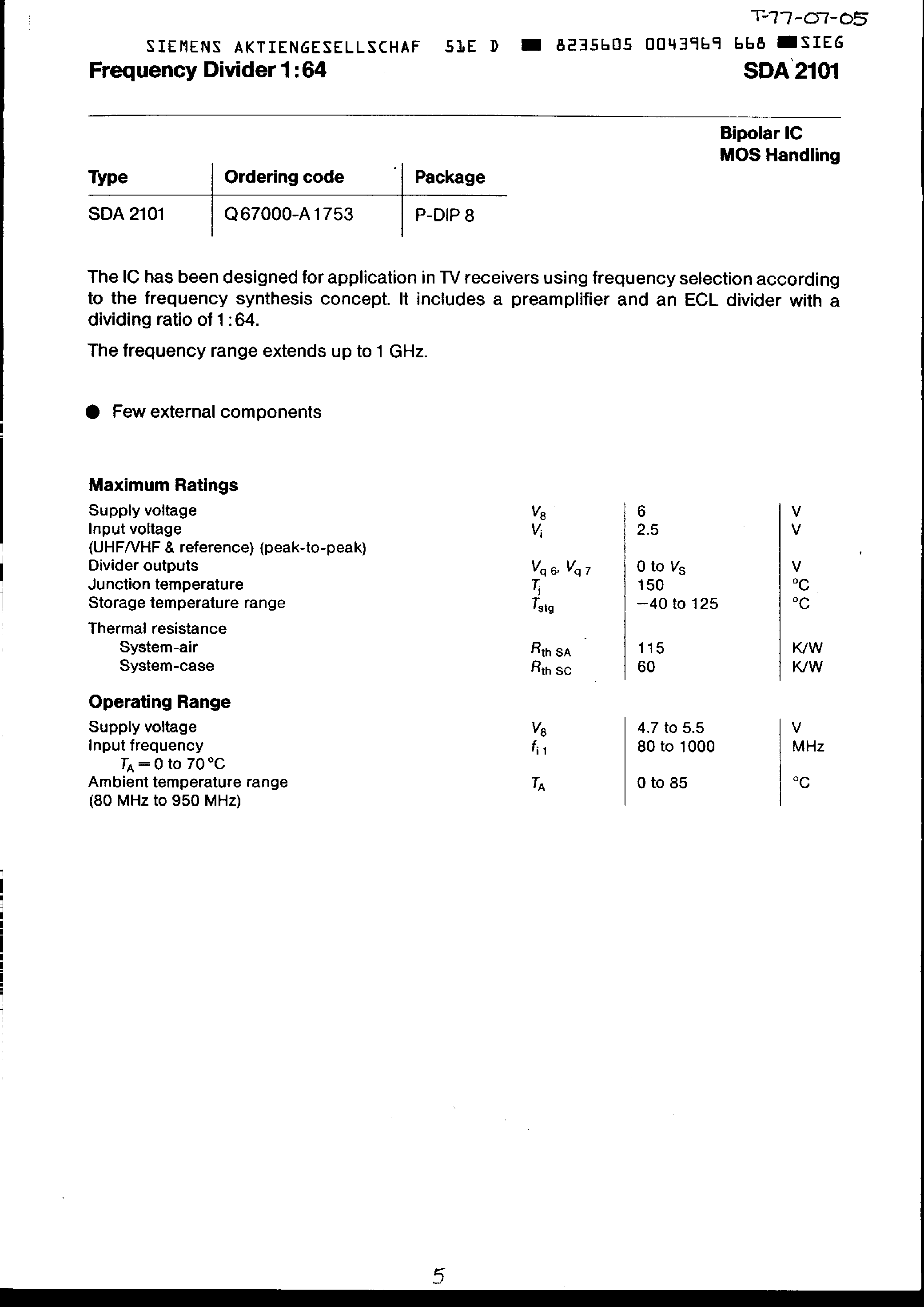 Datasheet SDA2101 page 1 Datasheet SDA2101 - FREQUENCY DIVIDER 1:64 page 1
