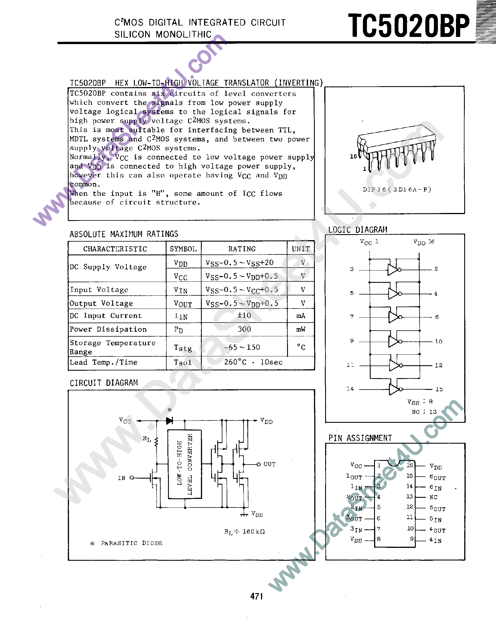 Даташит TC5020BP - Hex Low-to-High Voltage Translator страница 1