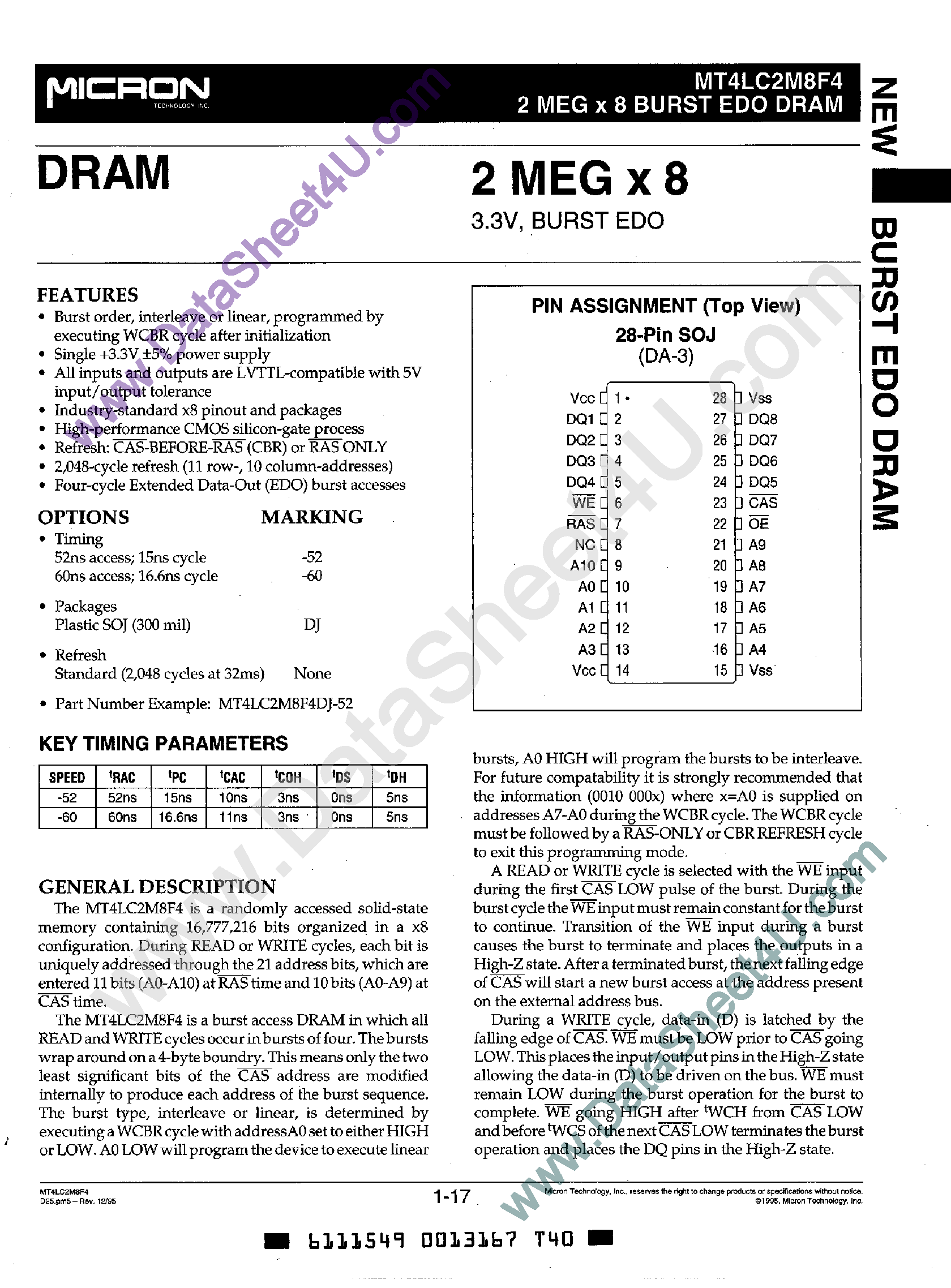 Datasheet MT4LC2M8F4 - 2M x 8 Burst EDO DRAM page 1