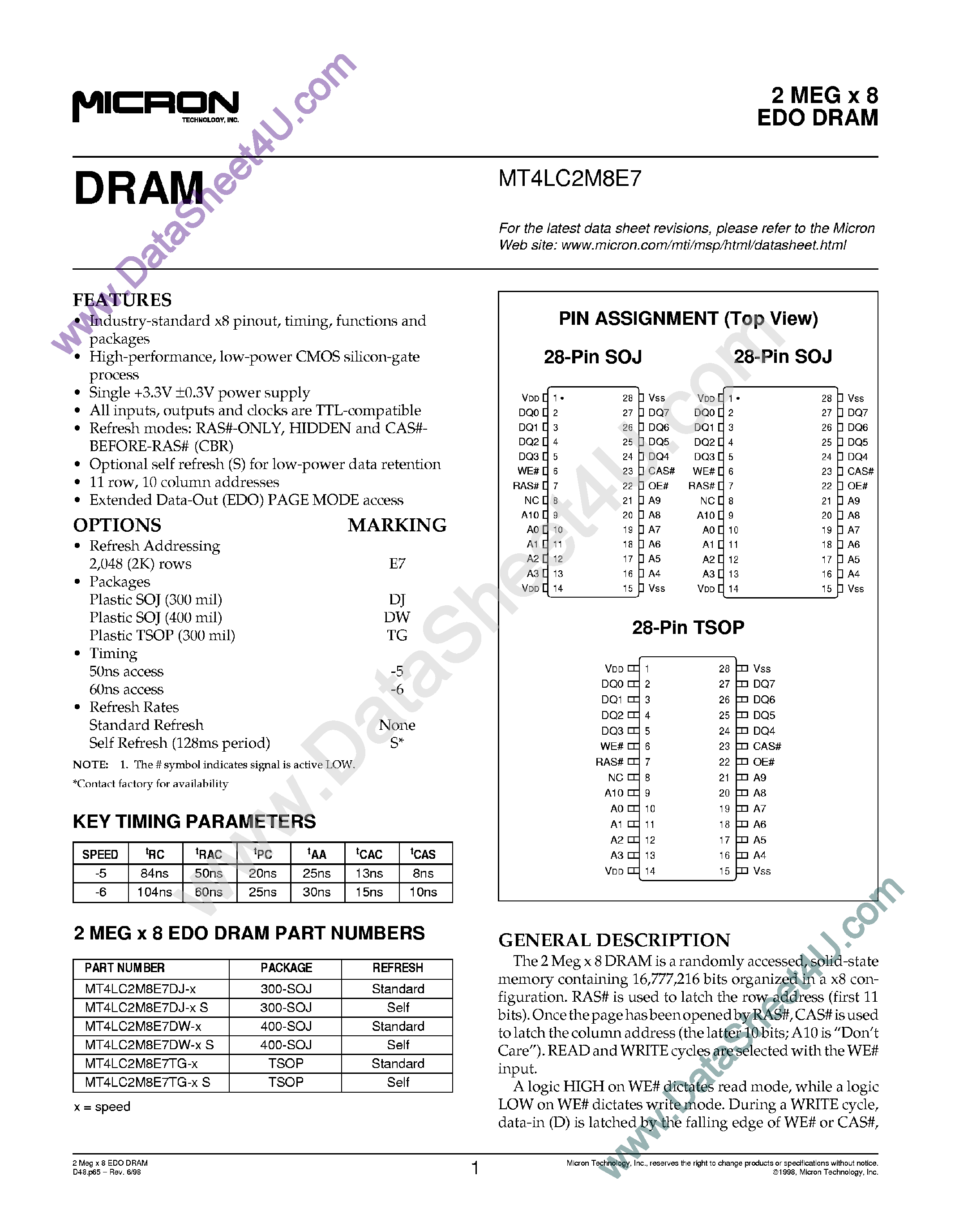 Datasheet MT4LC2M8E7 - 2M x 8 DRAM page 1