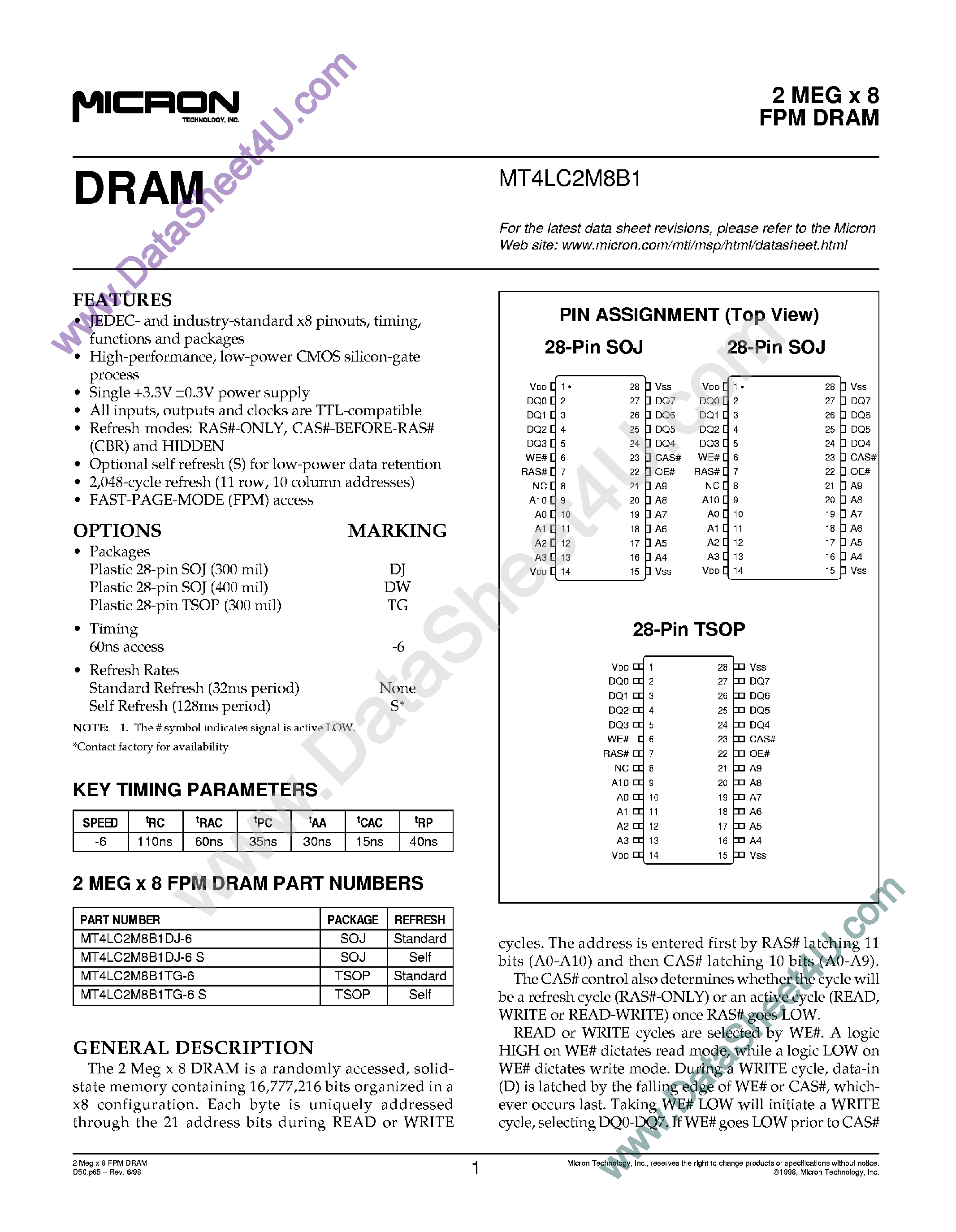 Datasheet MT4LC2M8B1 - 2M x 8 FPM DRAM page 1