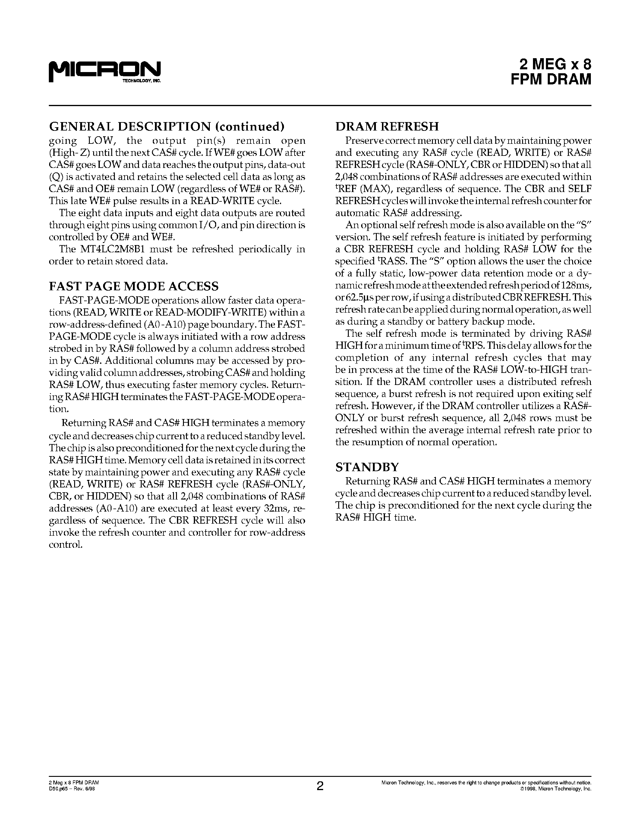 Datasheet MT4LC2M8B1 - 2M x 8 FPM DRAM page 2
