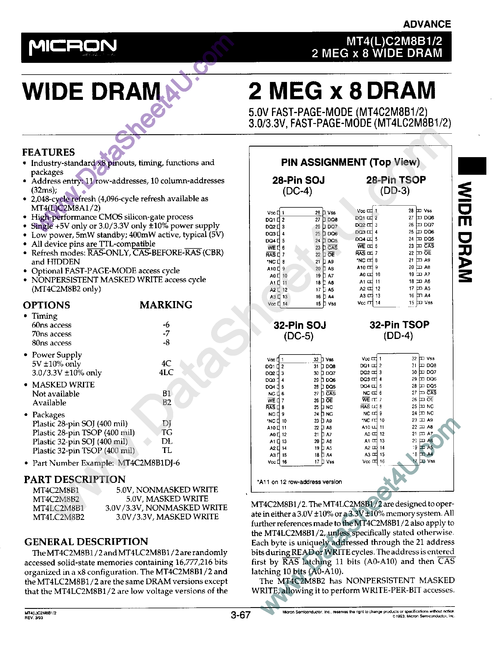 Datasheet MT4LC2M8B1 - (MT4LC2M8B1/2) 2M x 8 DRAM page 1