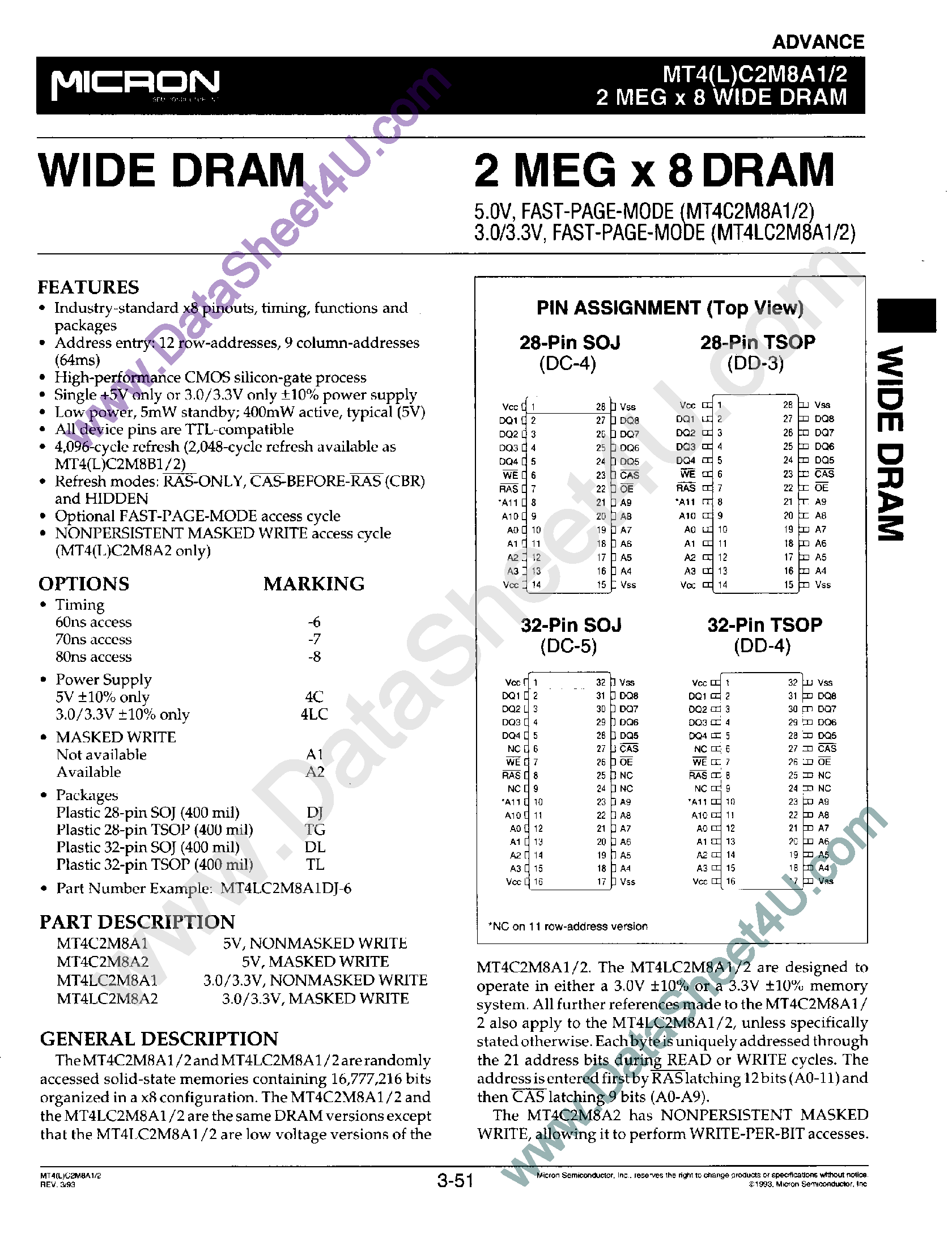 Datasheet MT4LC2M8A1 - (MT4LC2M8A1/2) 2M x 8 DRAM page 1