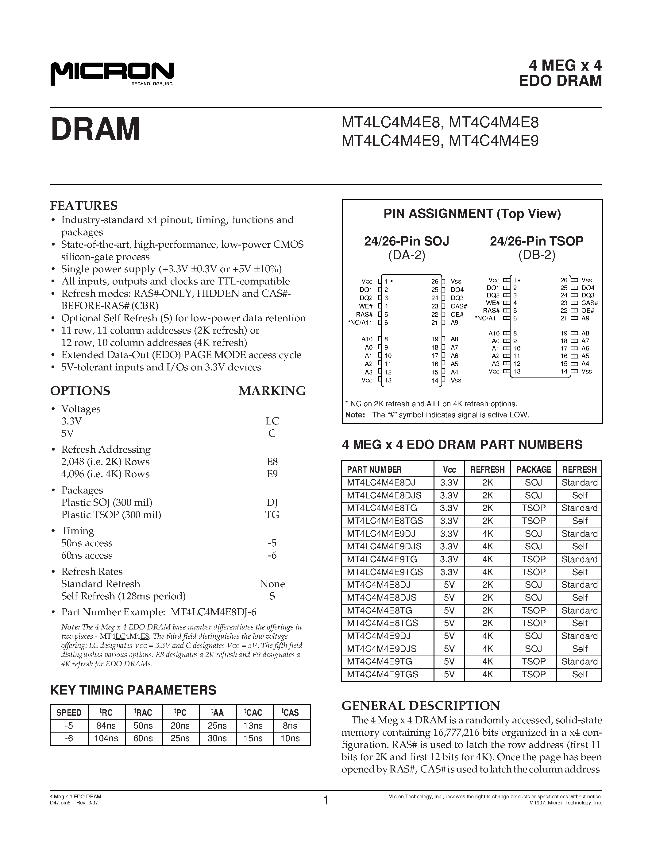Datasheet MT4C4M4E8 - 4 MEG x 4 EDO DRAM page 1